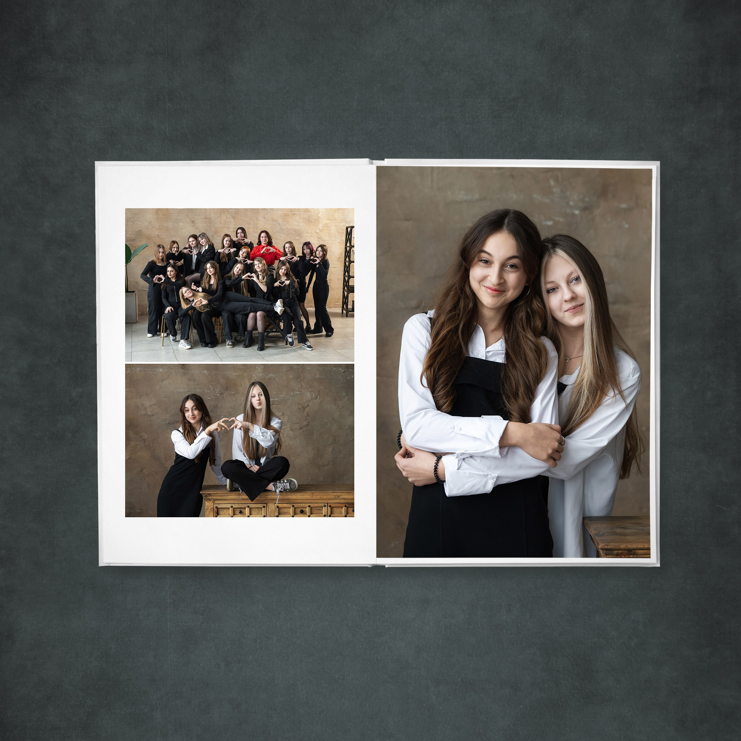 Коллажный разворот: общий кадр класса и два кадра с подругой.