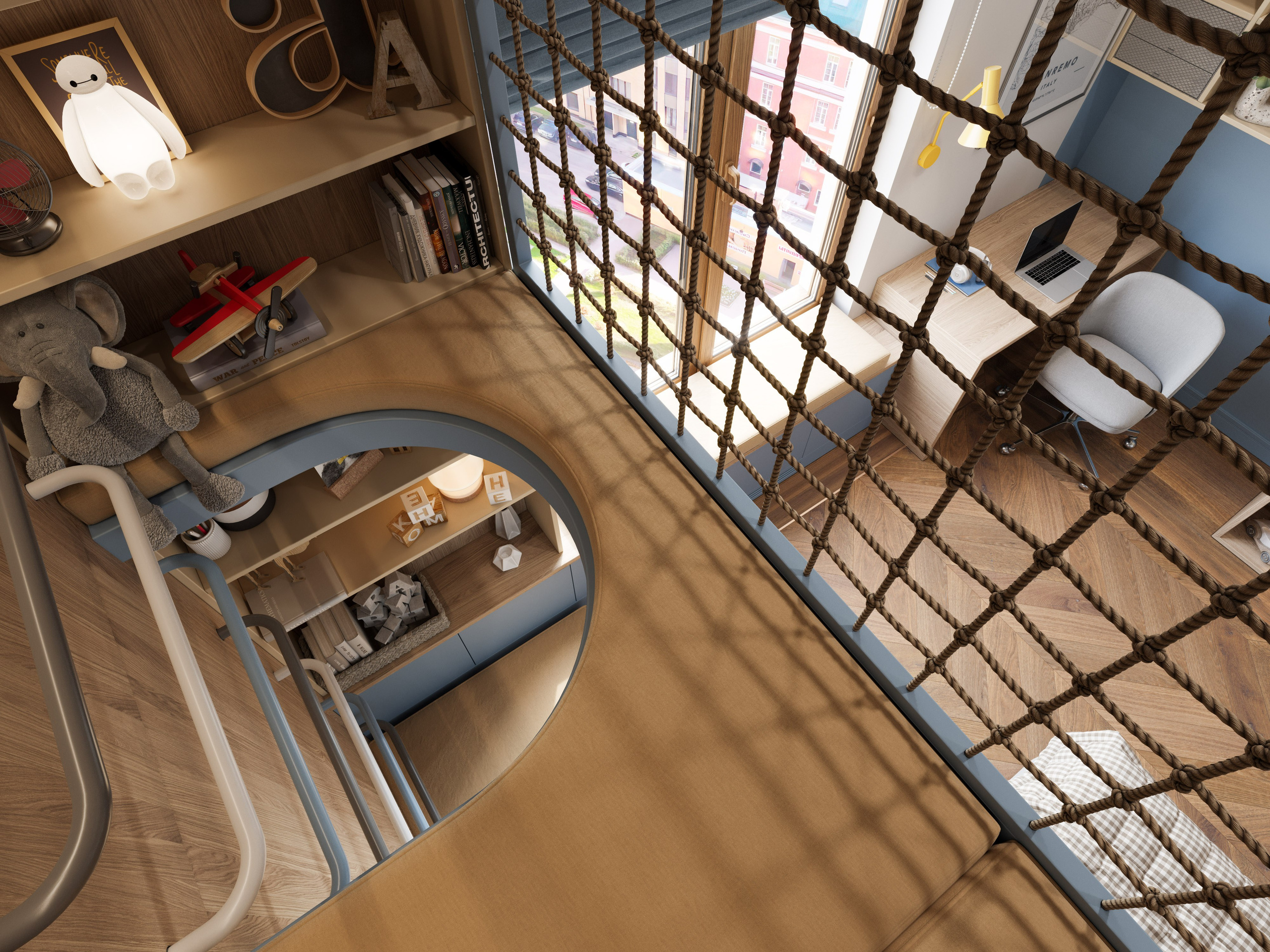 Игровой этаж в детской комнате, с мягким матрасом и безопасной стенкой