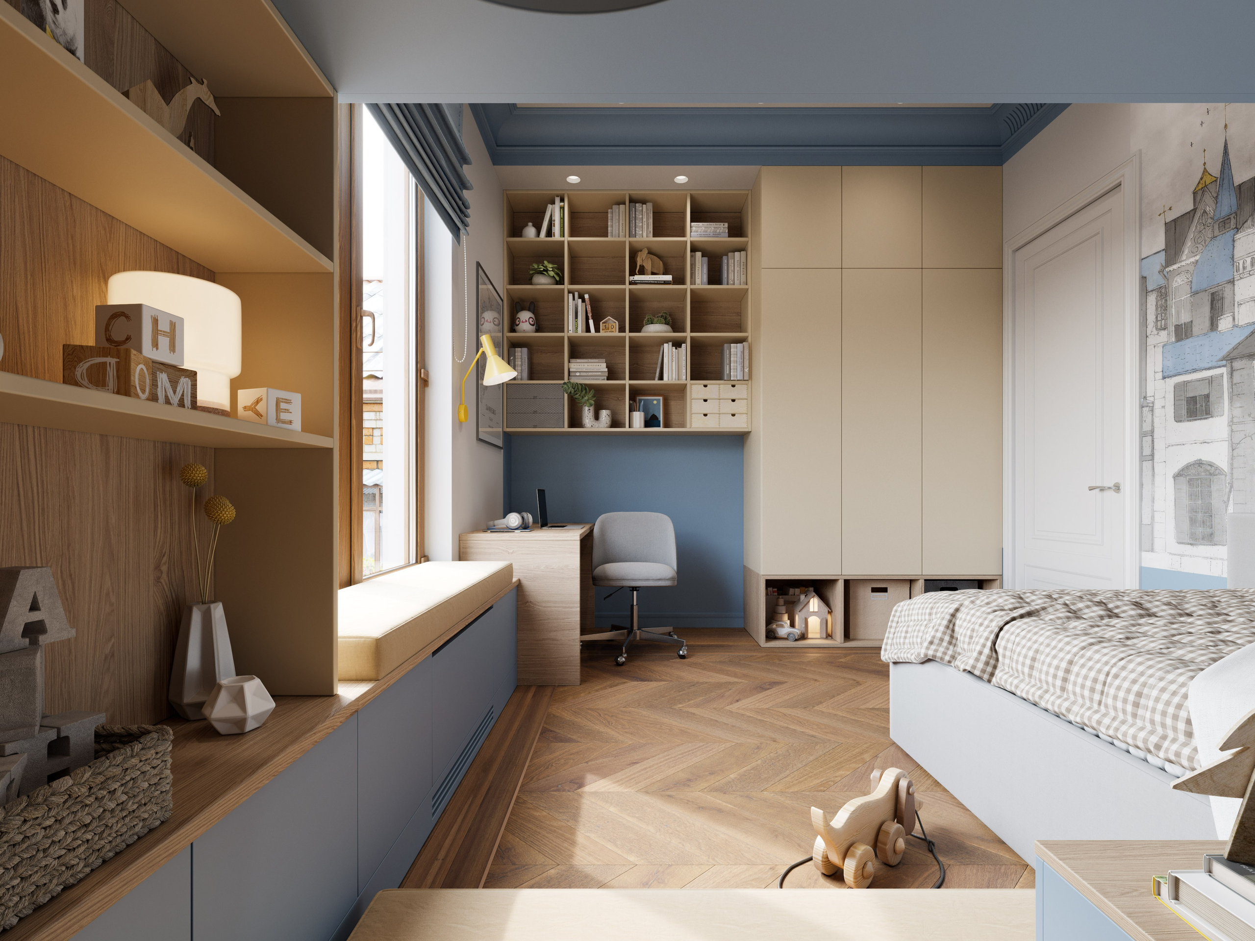 3D визуализация спальни для мальчика с большим шкафом и вторым этажом