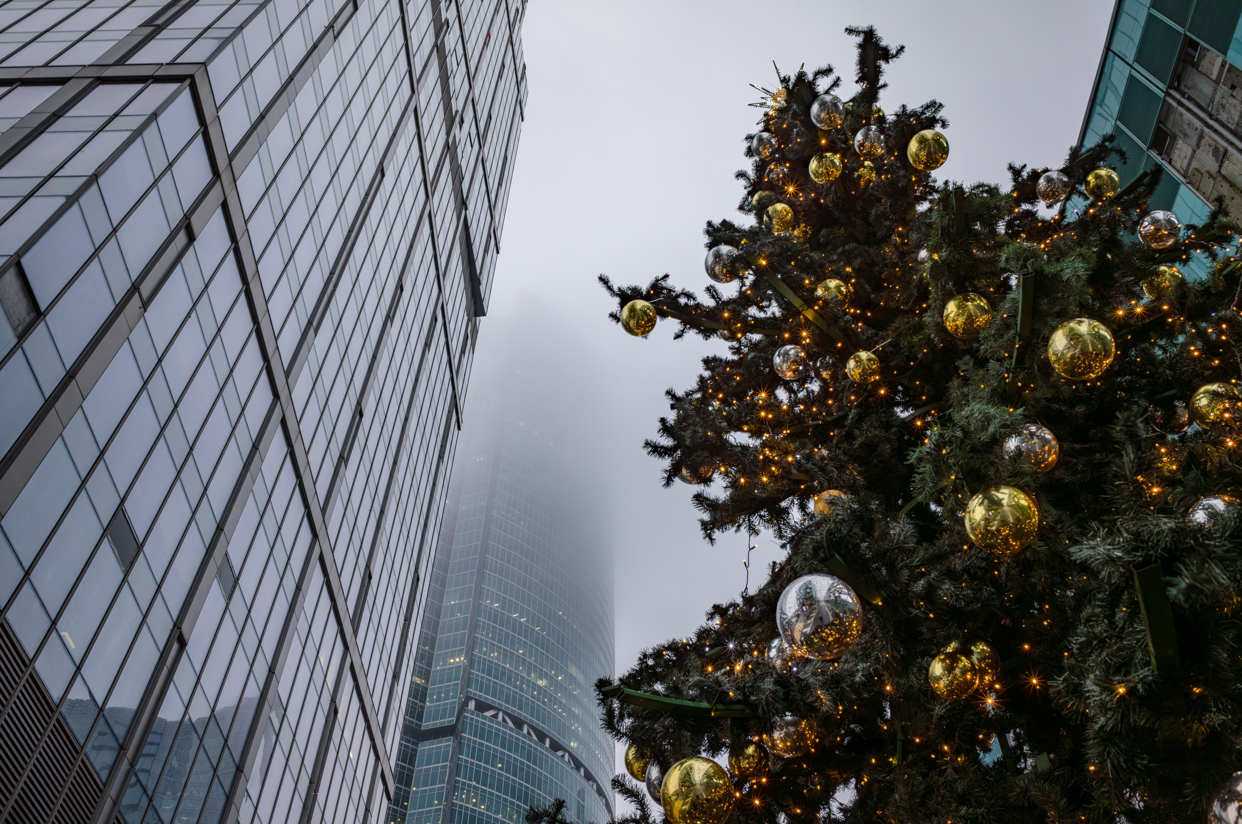 Елка с игрушками на улице в Москва-Сити в тумане