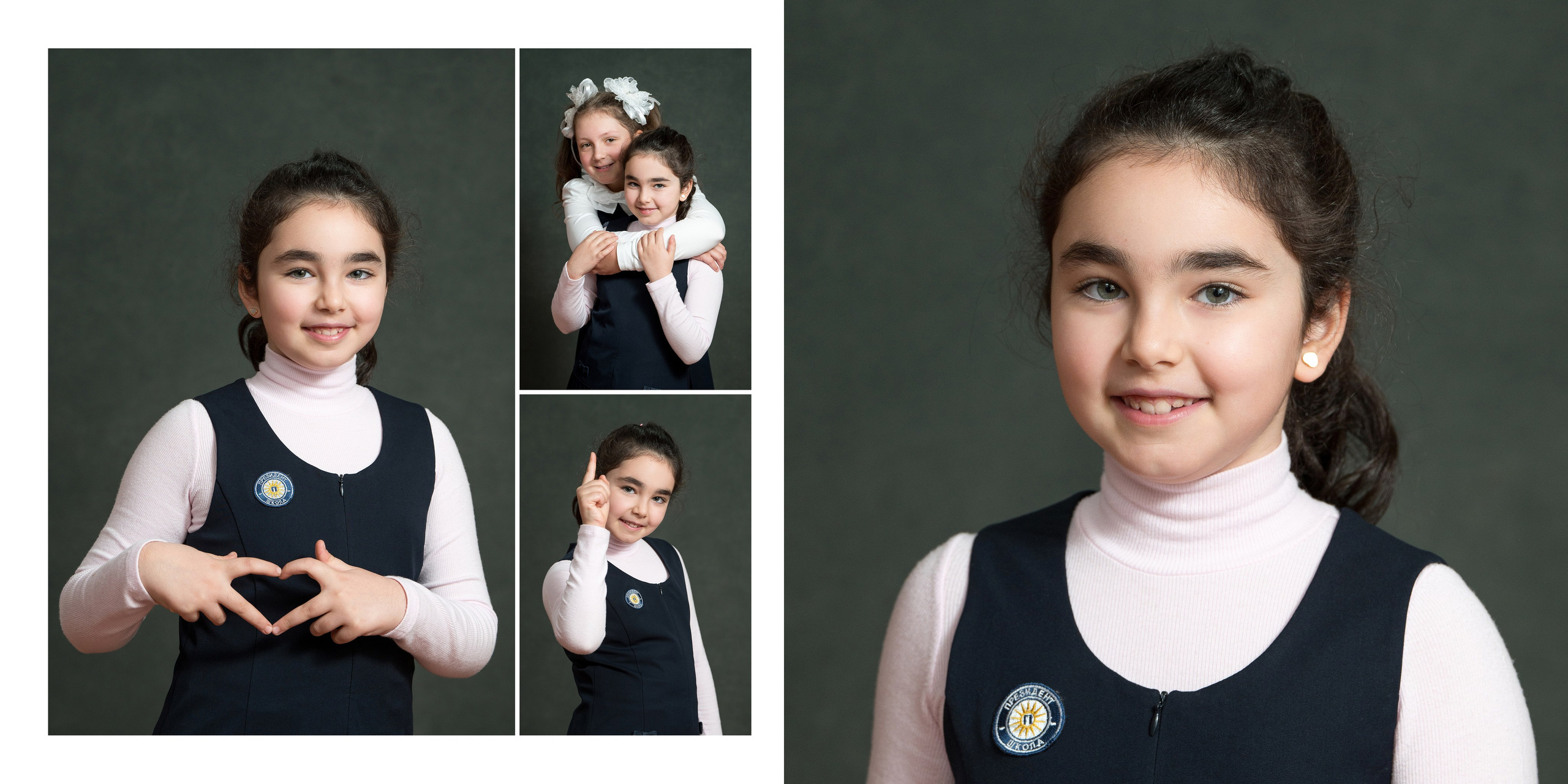 Разворот фотокниги: портрет девочки в школьной форме и серия небольших кадров с её эмоциями и жестами.