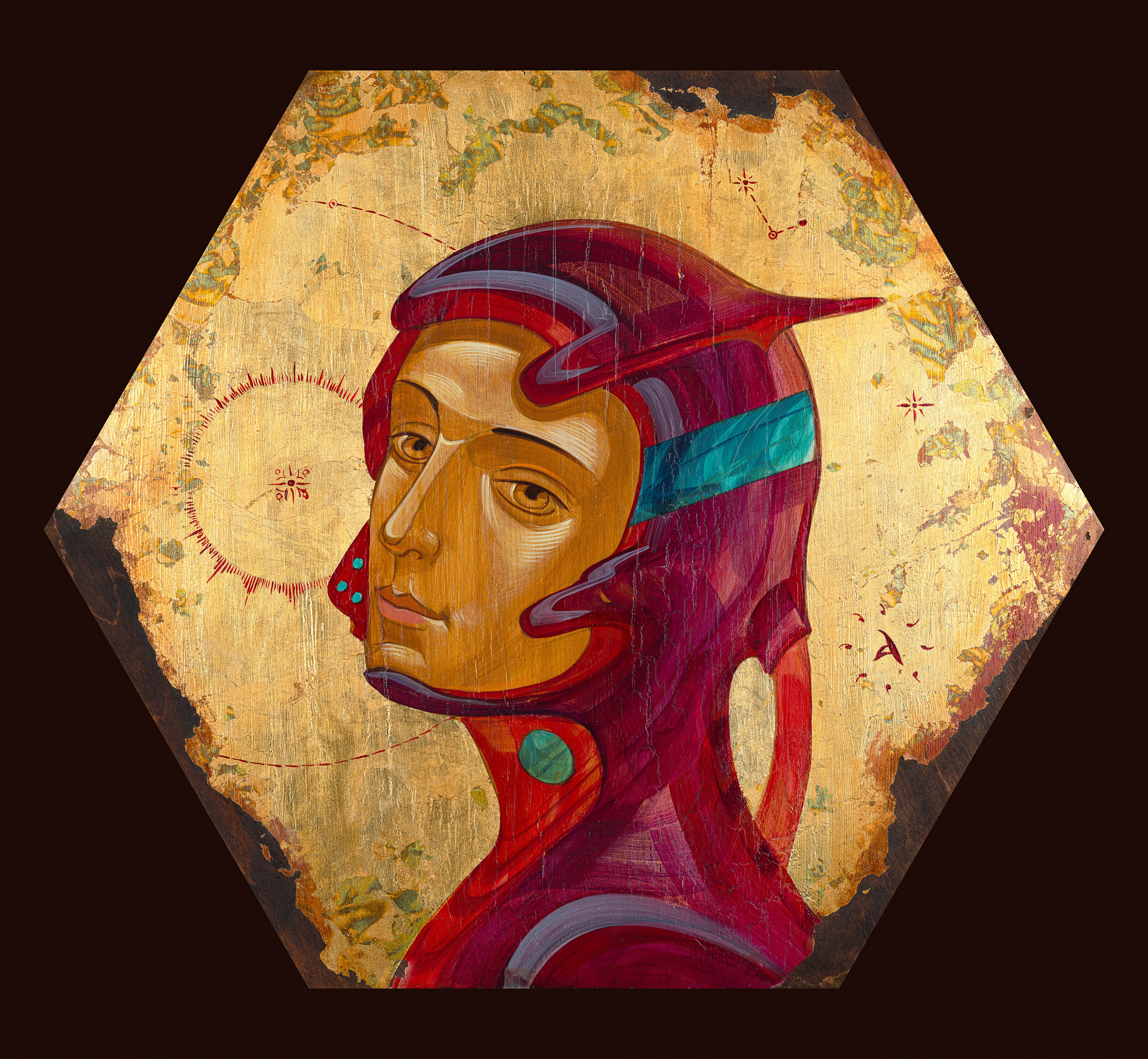 «Диона 20092024» - художник Антон Фролов (дерево, темпера, поталь, диаметр 60 см, 2024)