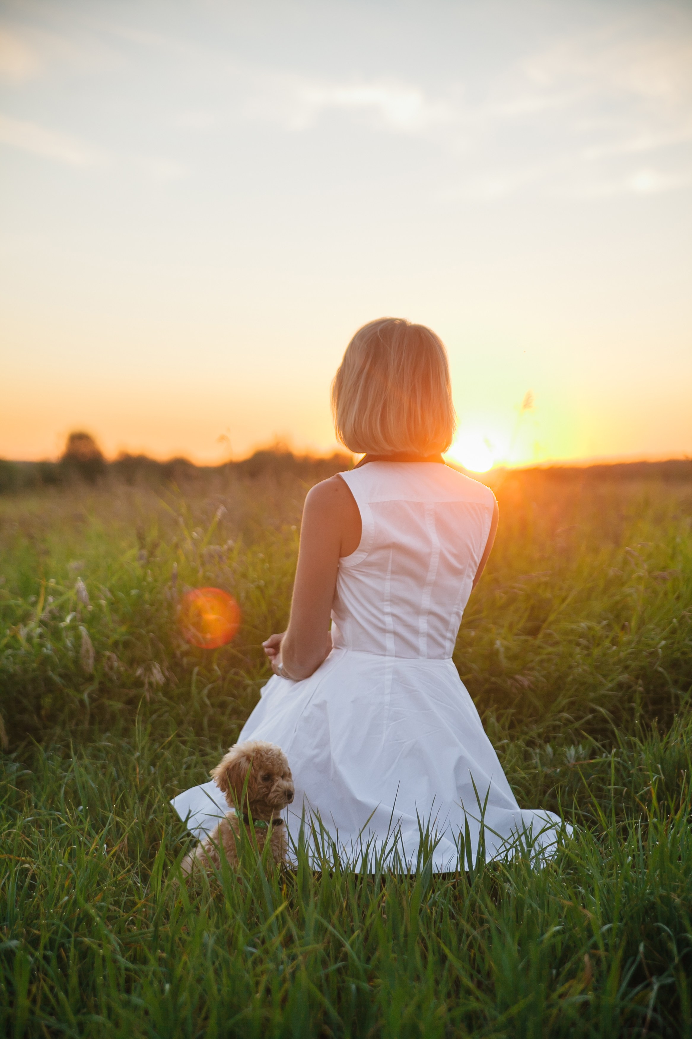 Девушка, закат, собака. Семейный фотограф, свадебный фотограф, женский портрет в Санкт-Петербу