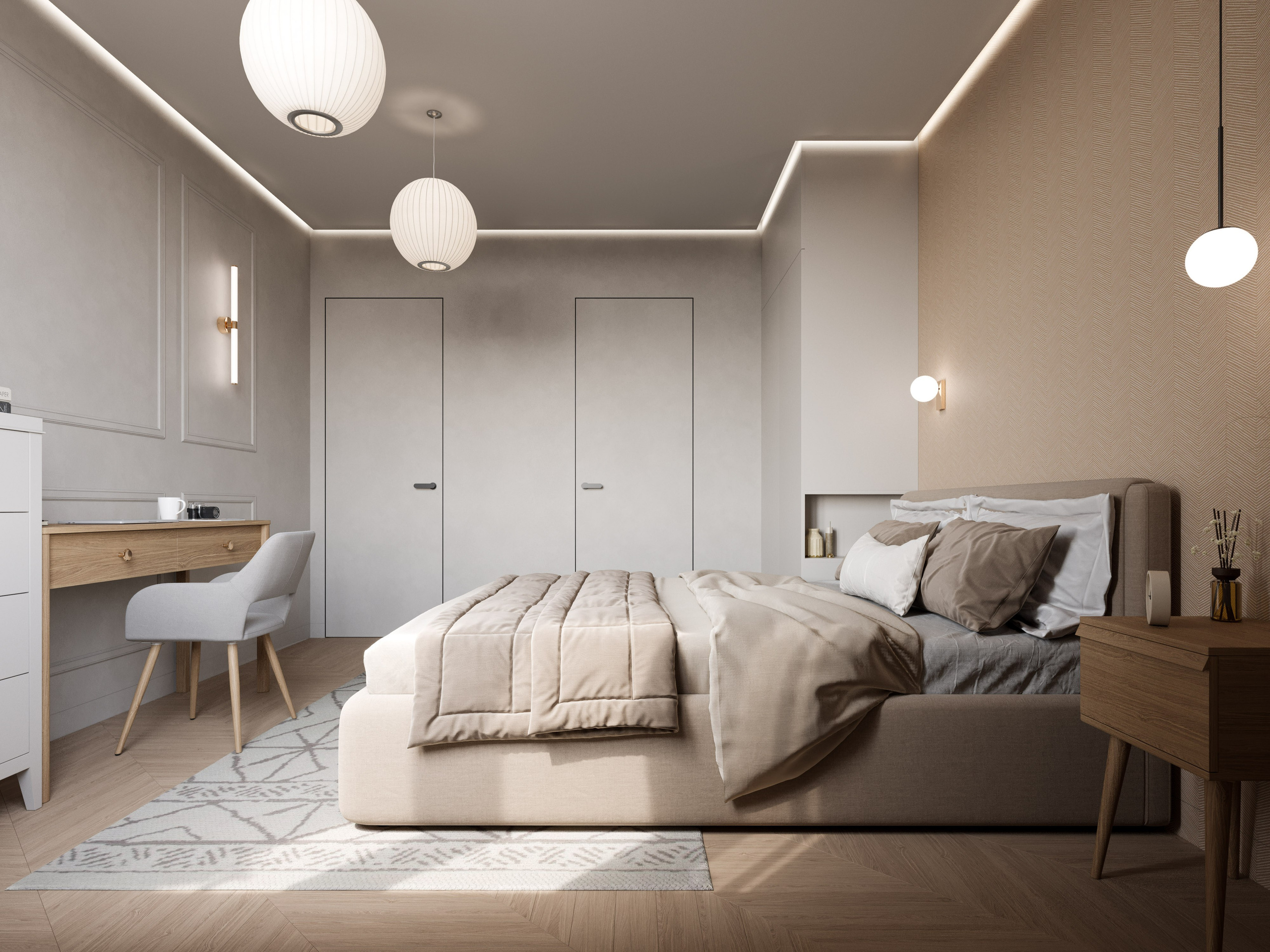 Спальня с орнаментальным ковром и минималистичными прикроватными светильниками