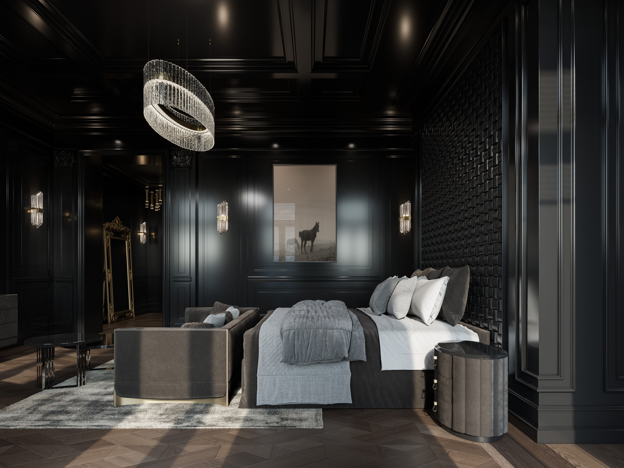 Интерьер мужской спальни в черной цветовой гамме с позолоченными акцентами - 3D рендер