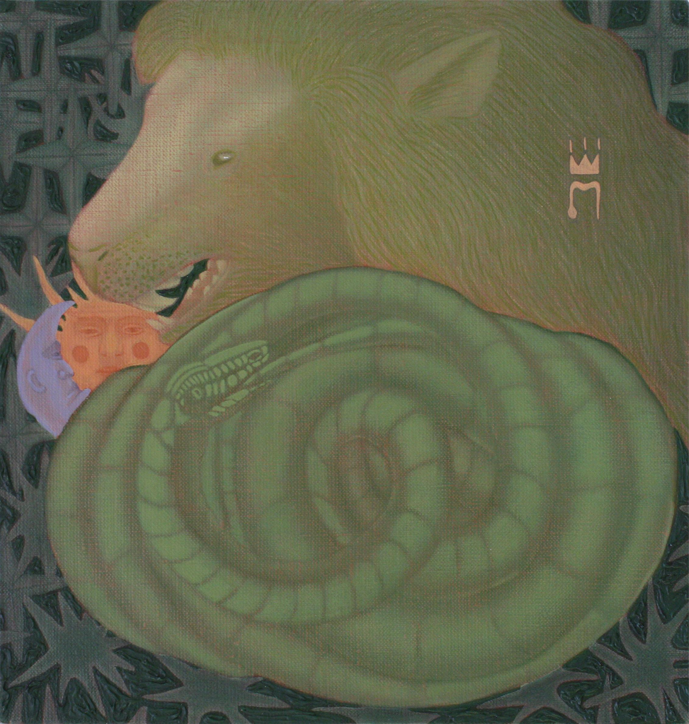 Алхимический зелёный лев и Уроборос 30х30 Х.М 2023 г.