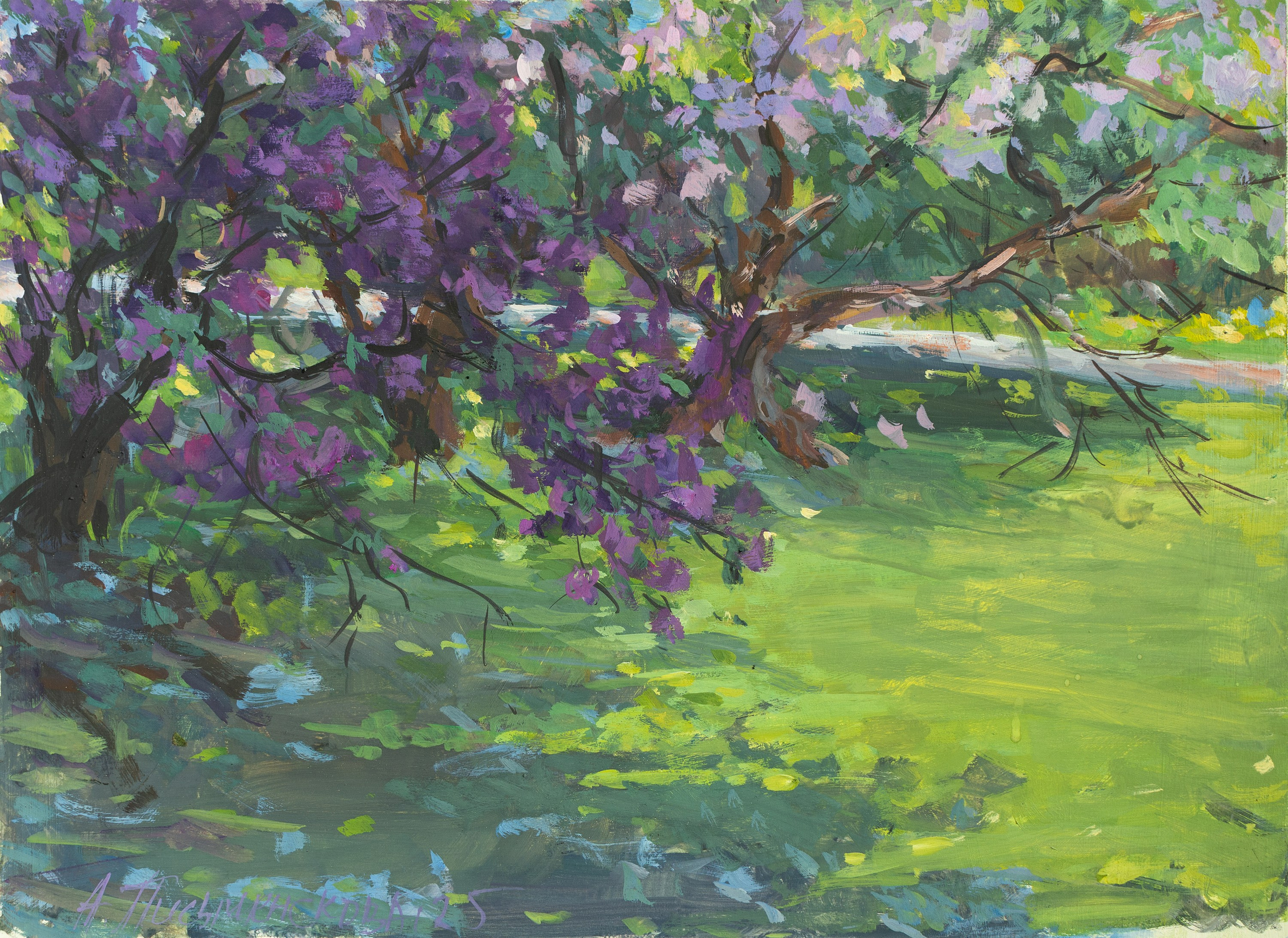 "В сиреневом саду" картон, гуашь 29х39см, 2025