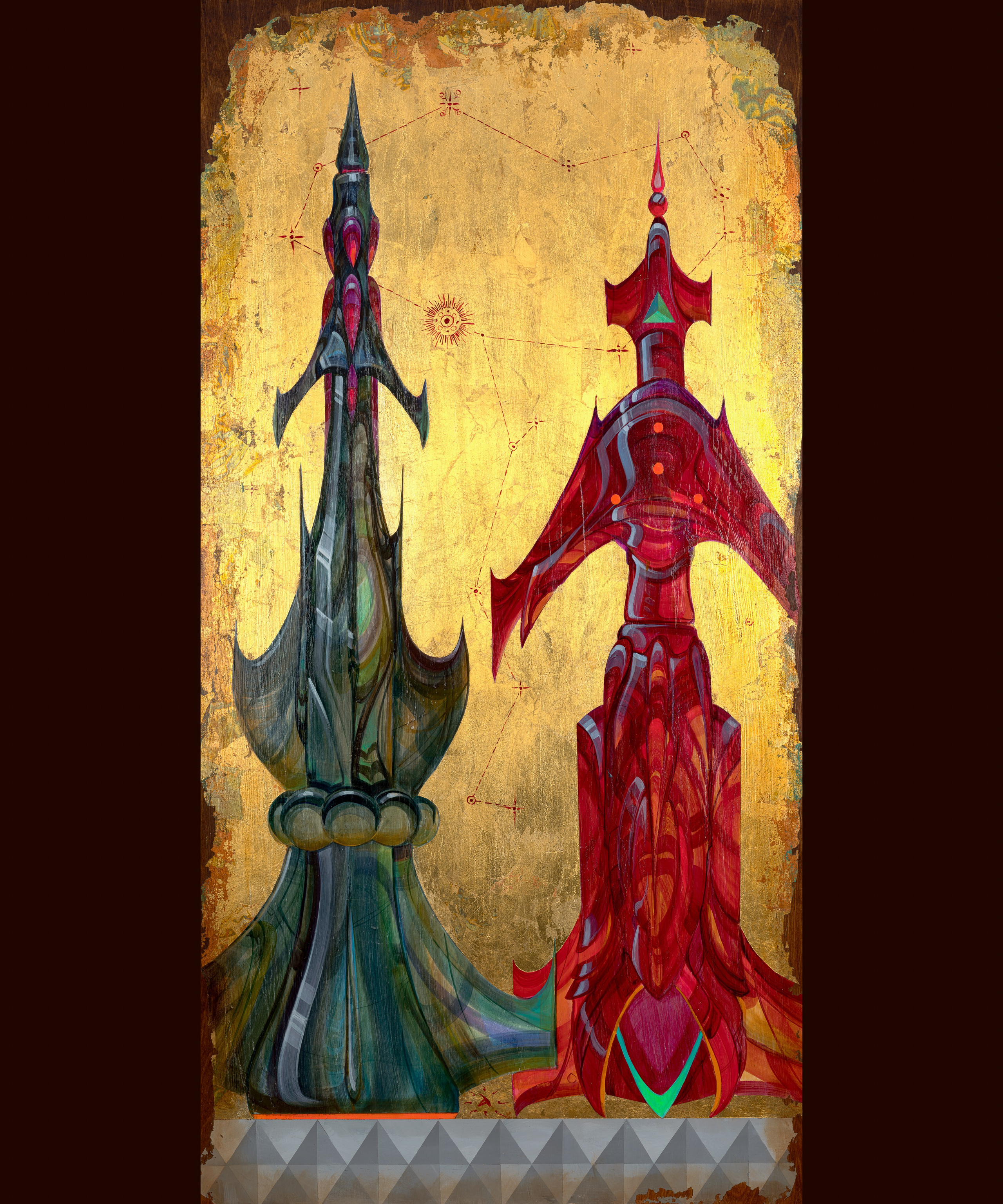 «Созвездие Райского дерева» - художник Антон Фролов (дерево, темпера, поталь, 120x60 см, 2025)