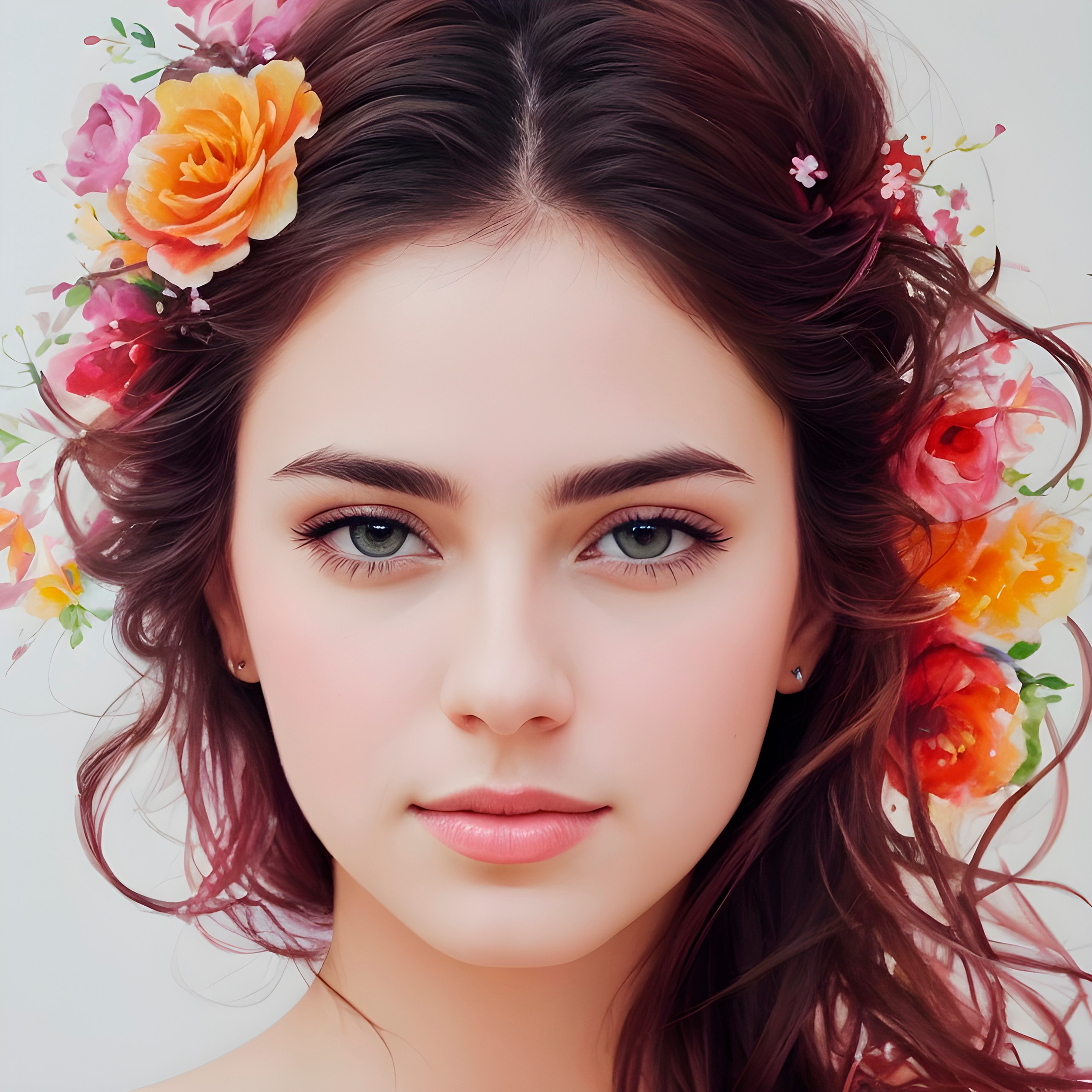 Girl with flowers in her hair,portrait,drawing