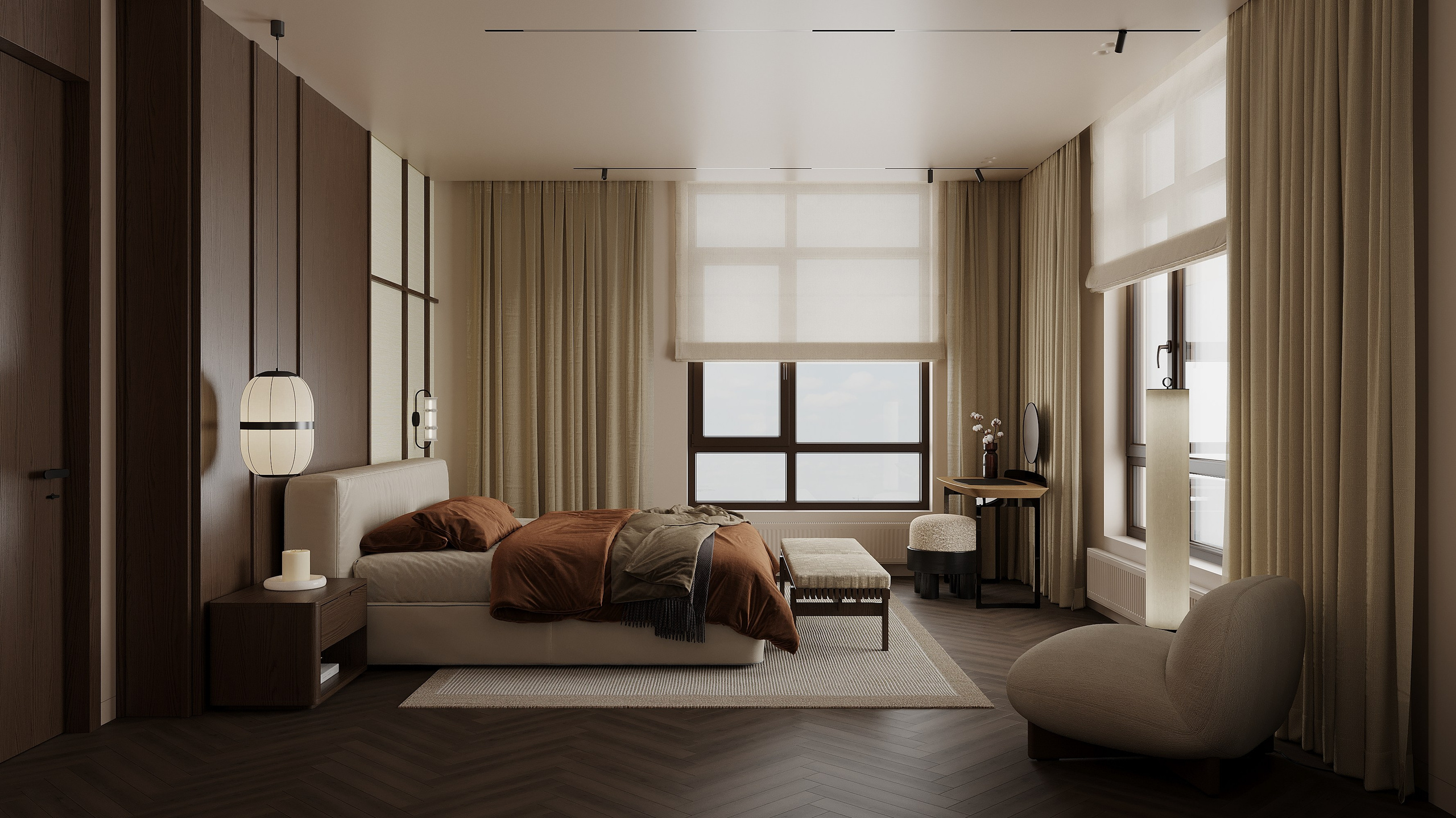 Мастер спальня с большой кроватью и уютным креслом для чтения  Master bedroom with a large bed and a cozy reading chair