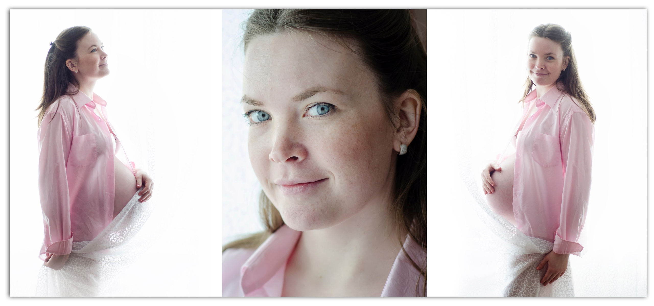 Беременная в розовой рубашке у светлого окна, спокойная атмосфера.