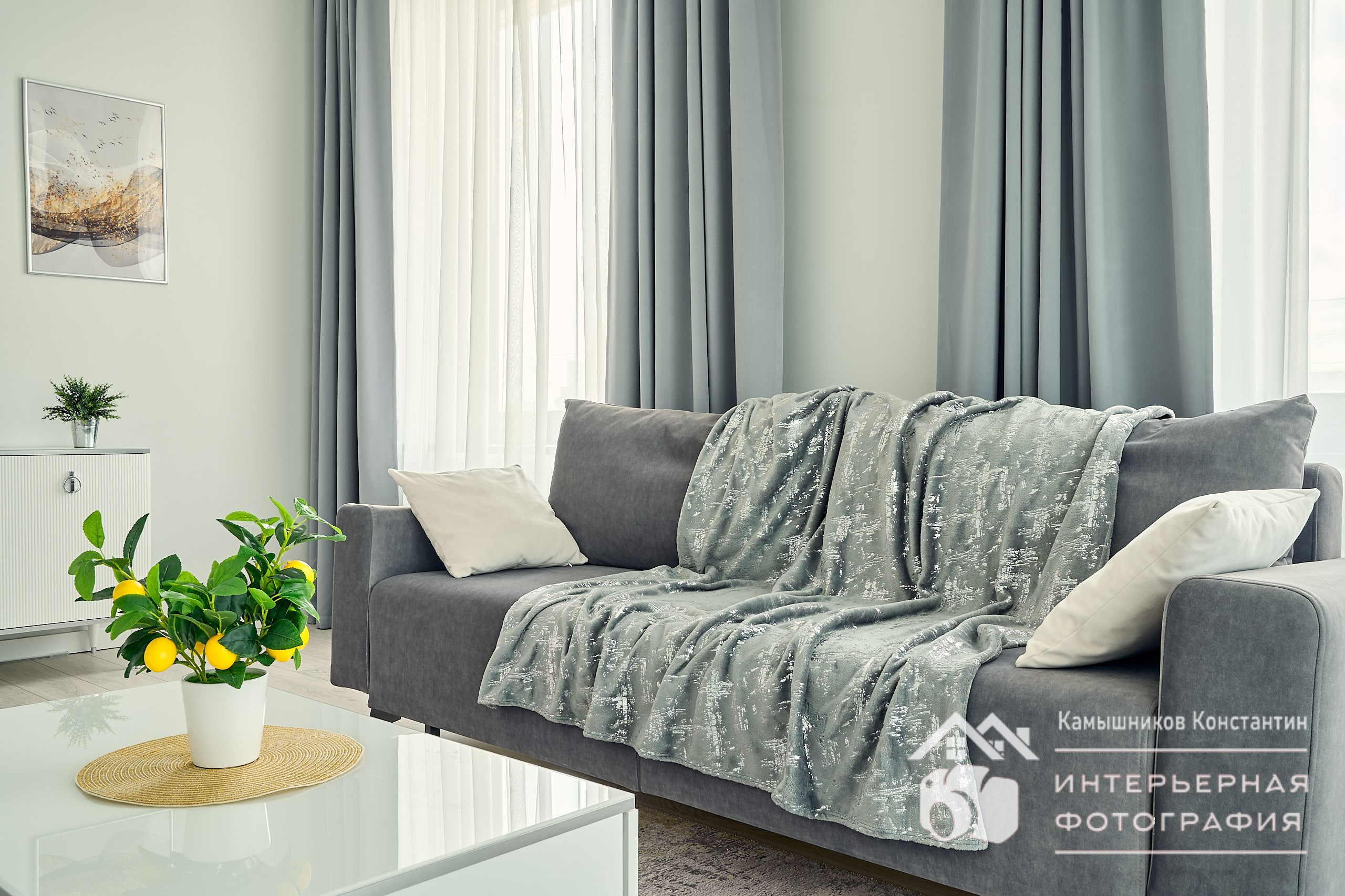 Интерьерная фотосъемка с диваном и журнальным столиком в гостиной квартиры бизнес-класса в Москве