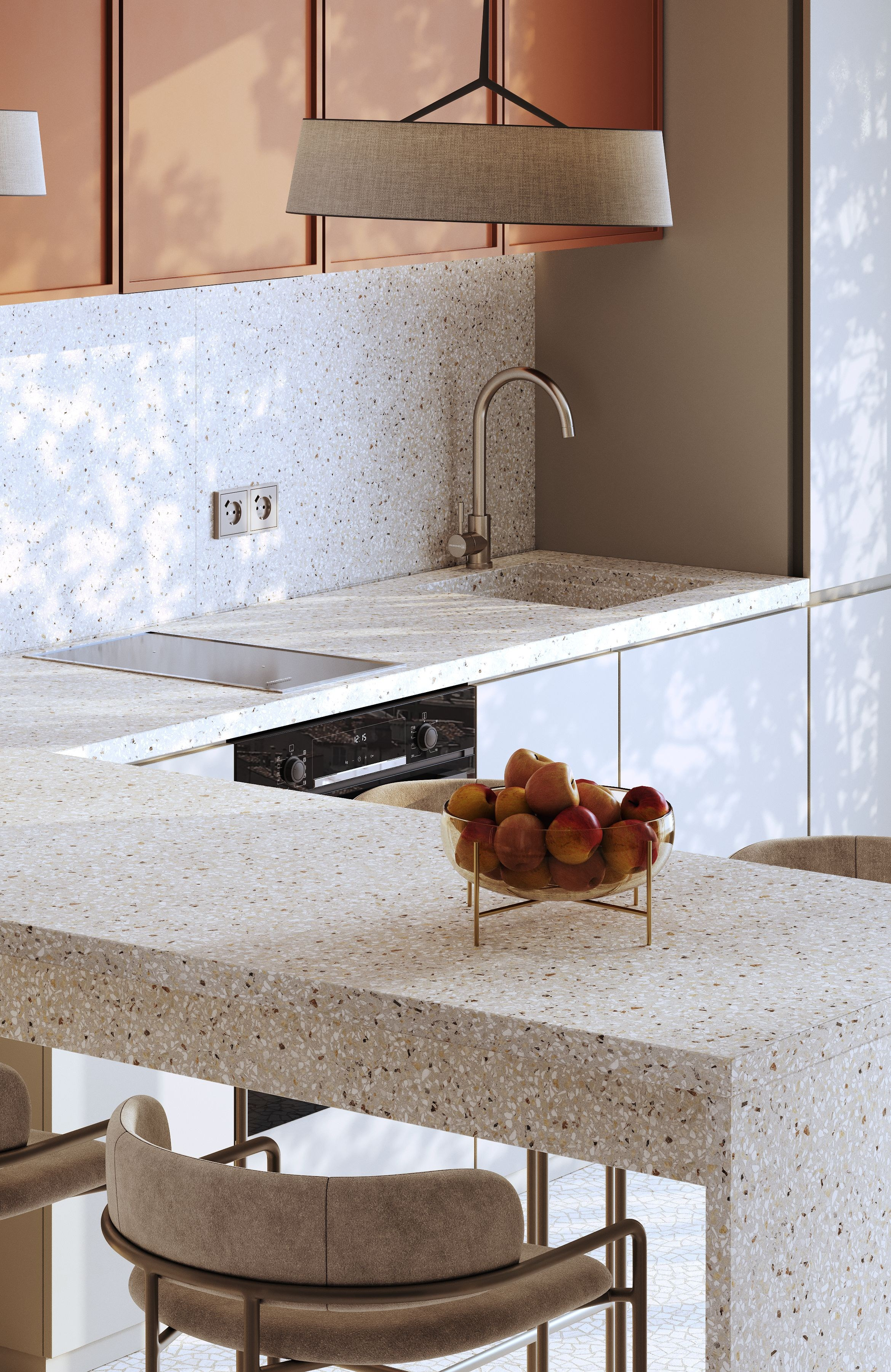 визуализация кухни  в нежных тонах  в сером минималистичном современном  стиле на Бали 