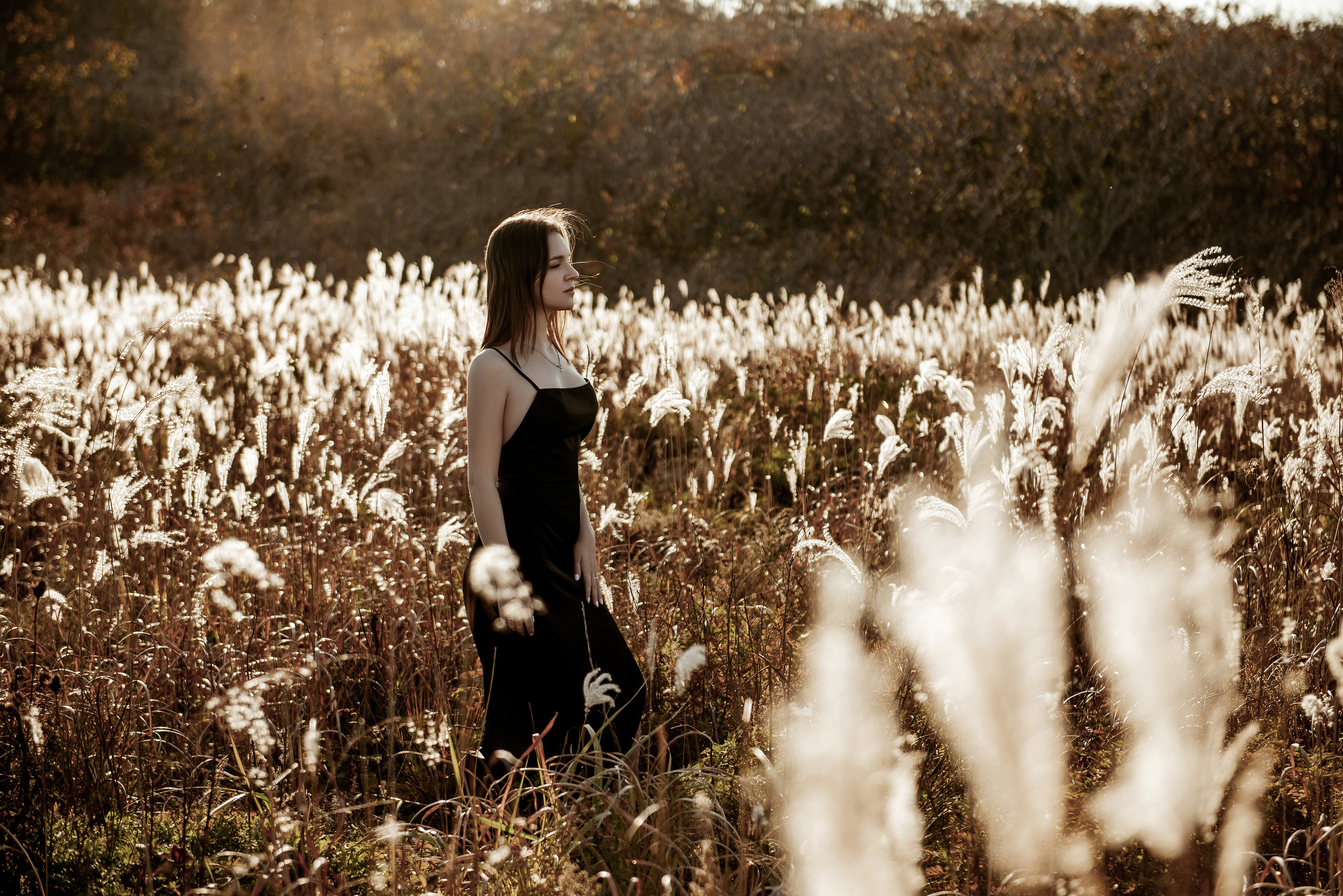 Девушка в платье идет по красивому полю на закате