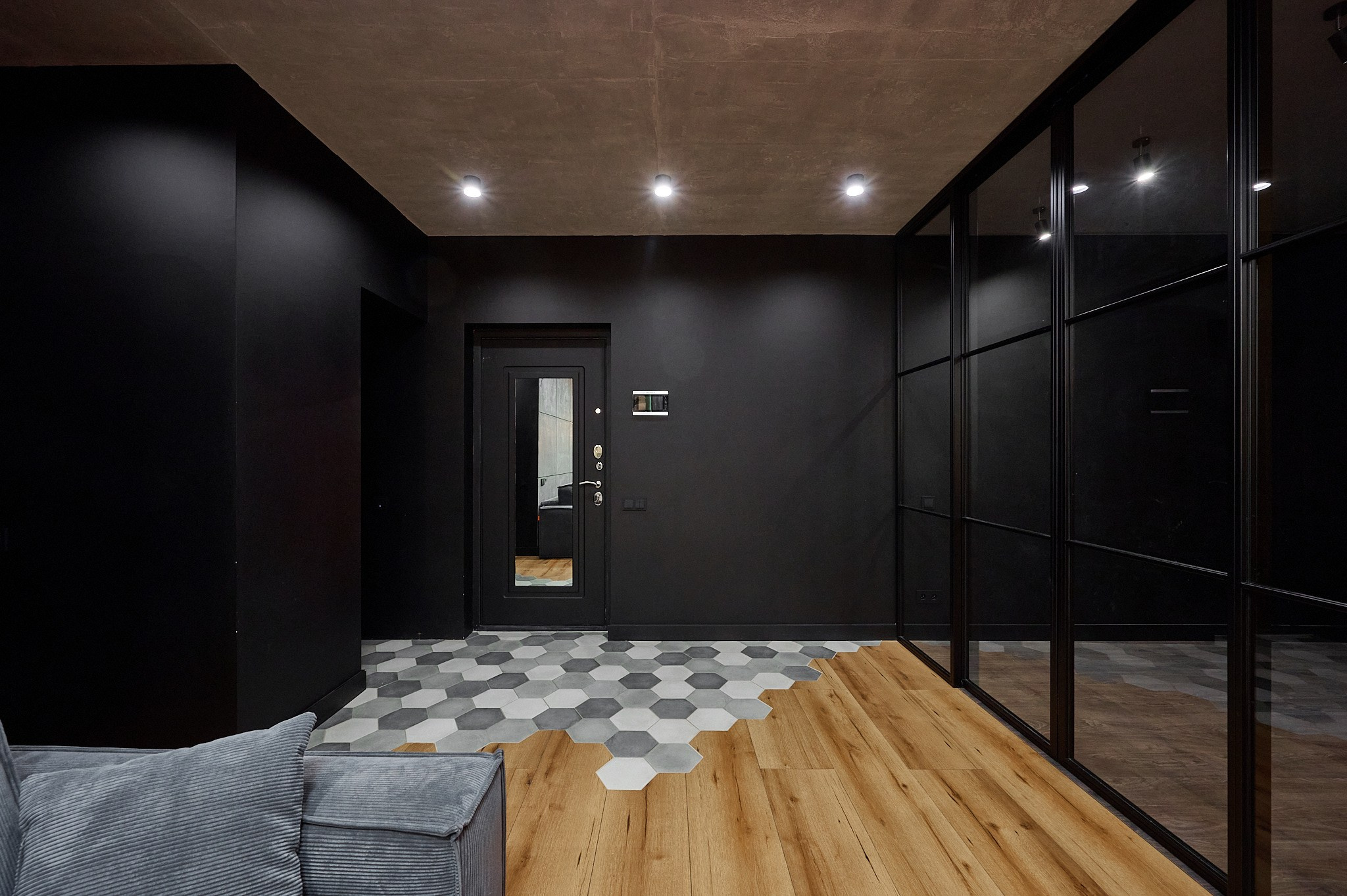 коридор дверь с зеркалом темные стены