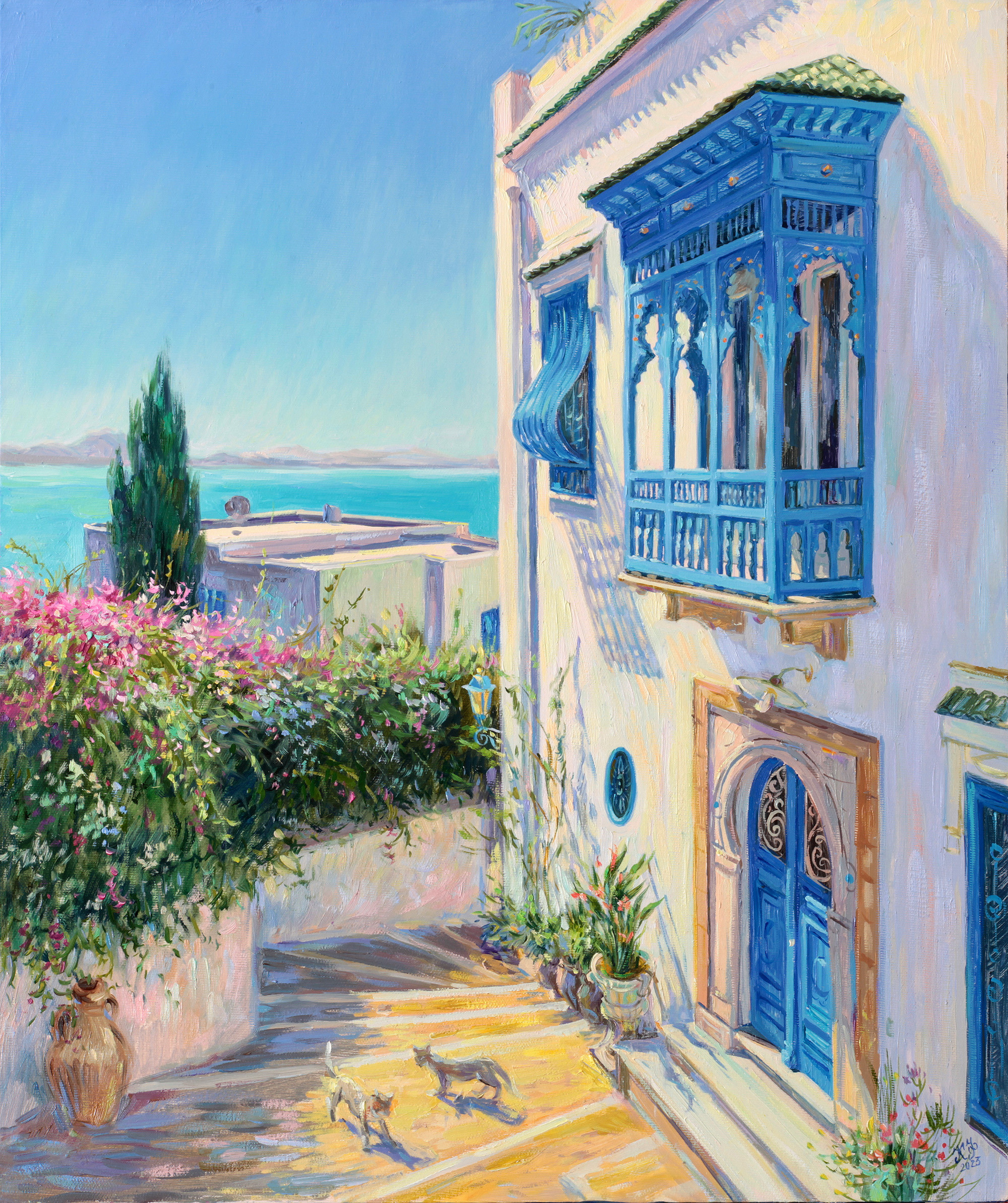 View of Mount Bou Kornine from Sidi Bou Said: Blue balcony with a view of the sea.