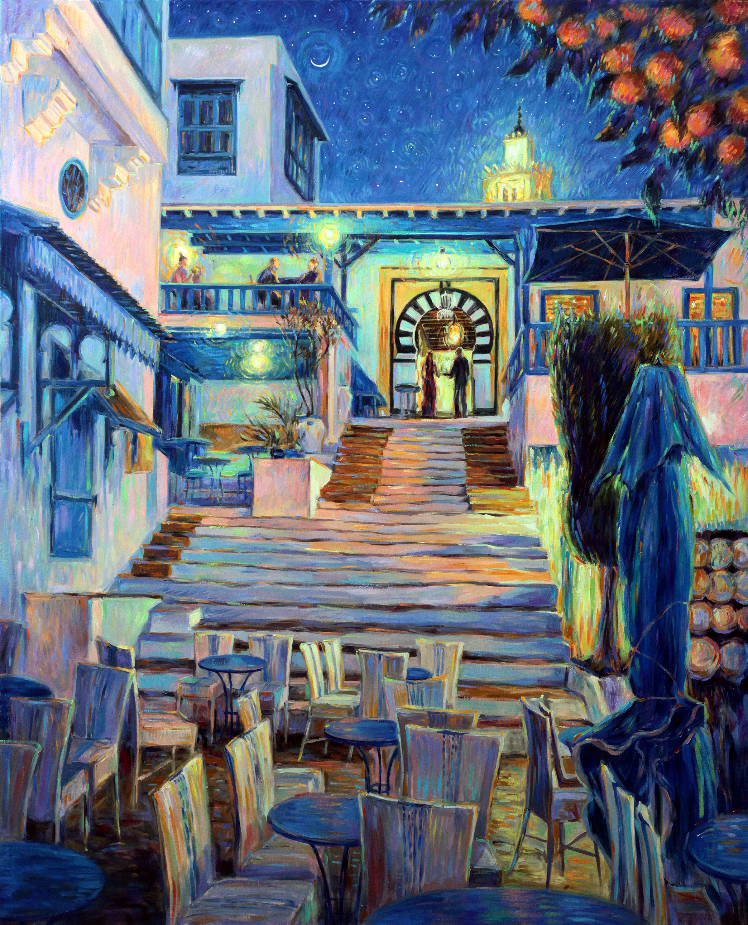 Large interior painting by Ksenia Filippova: Staircase in Café des Nattes at night.