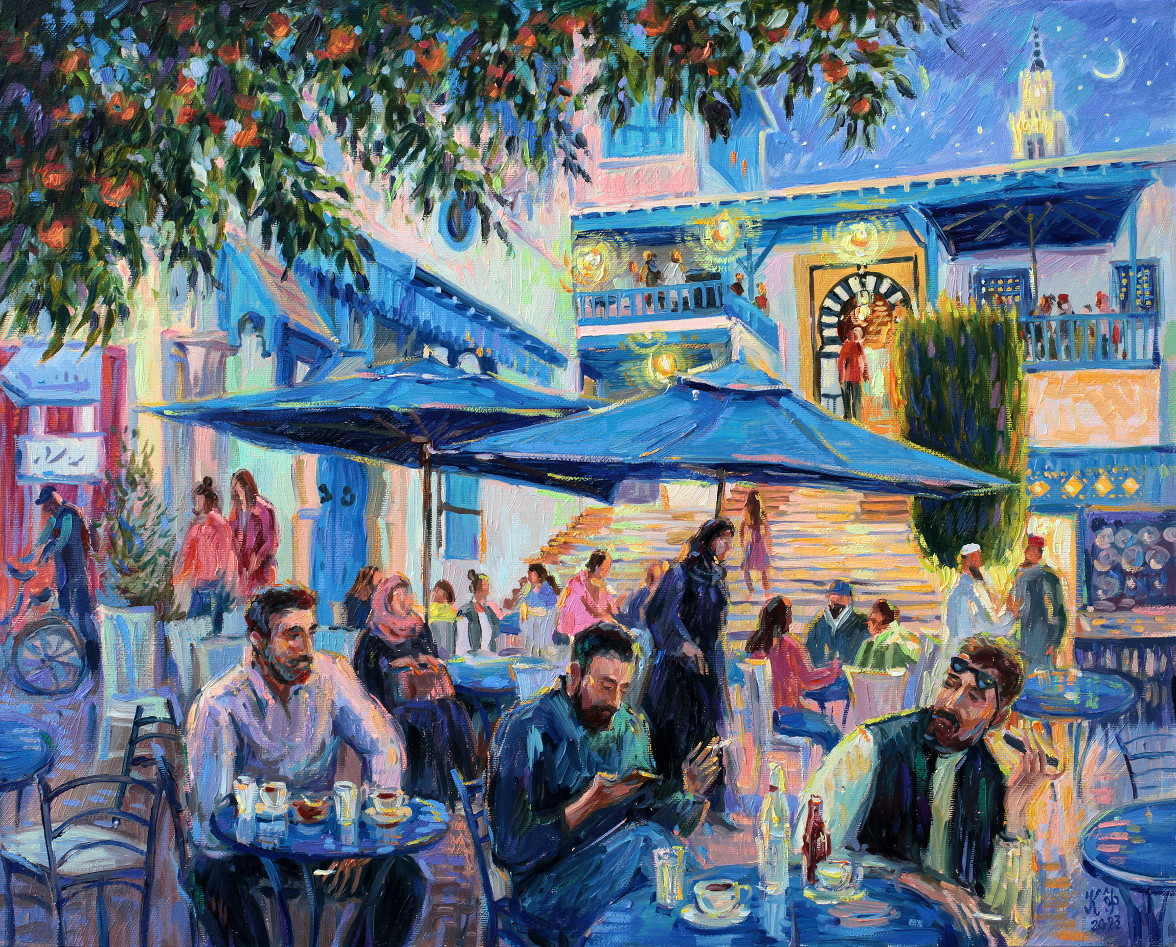 Night scene on the square in front of Café des Nattes: men drinking coffee.