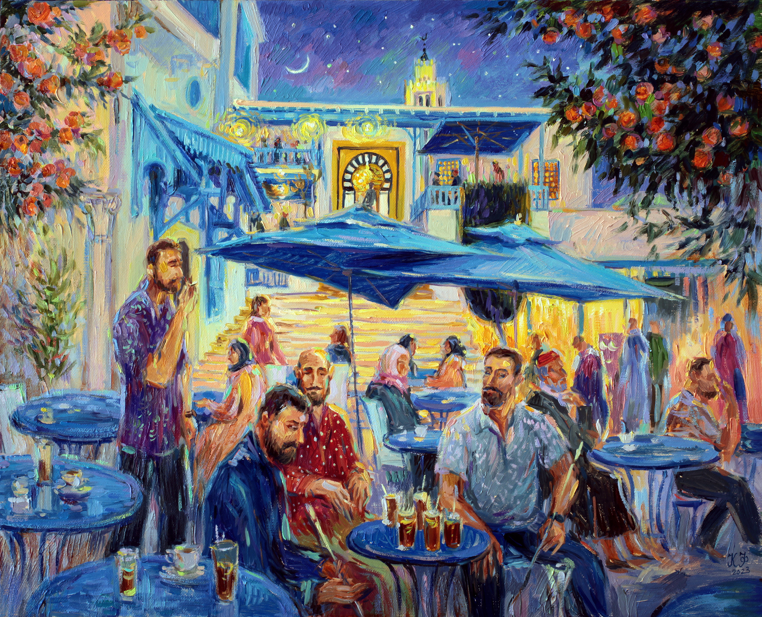 Tea and a rising moon in the background of Café des Nattes.