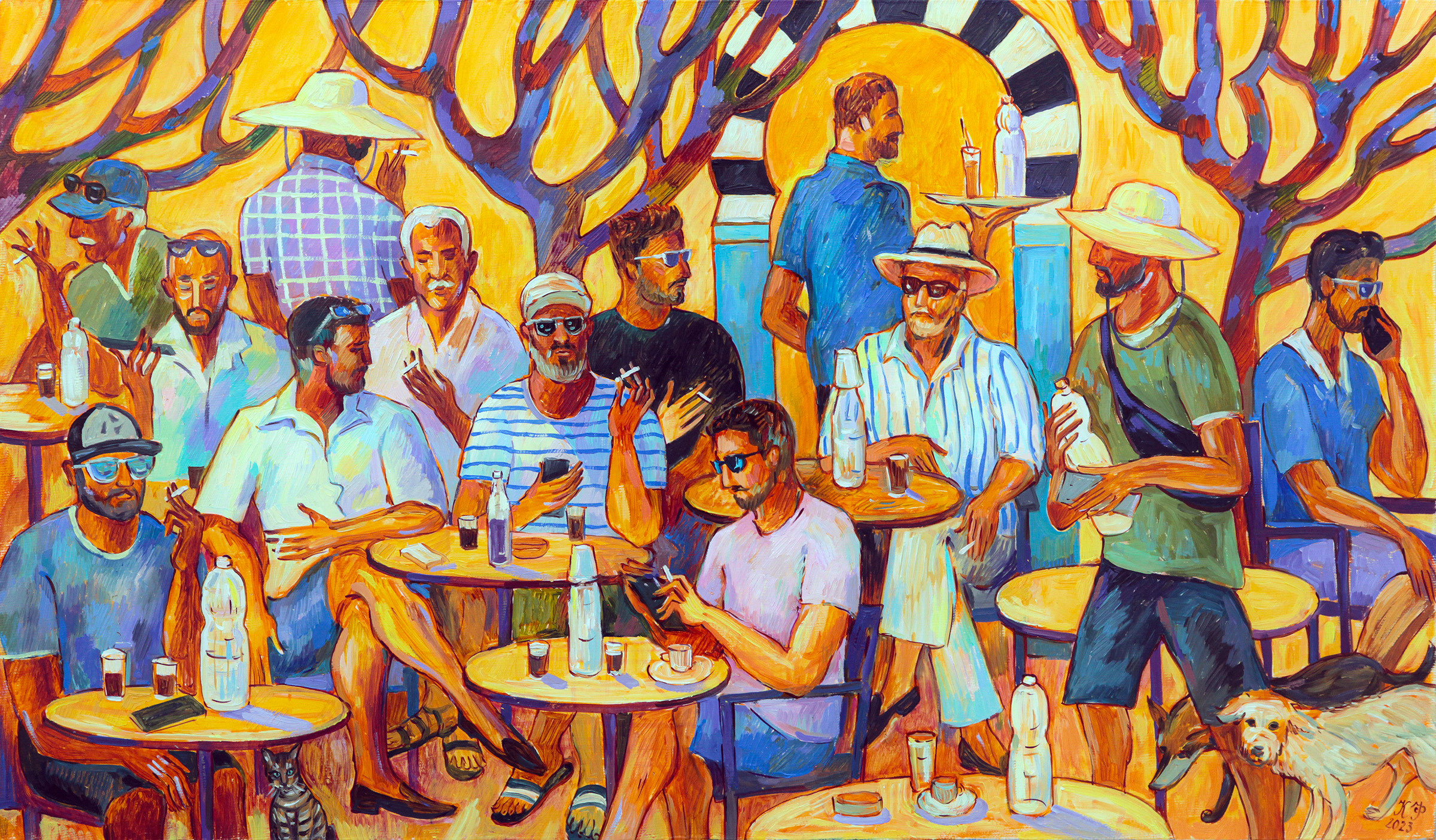 Tunisian coffee shop with men drinking coffee and smoking, painting. 