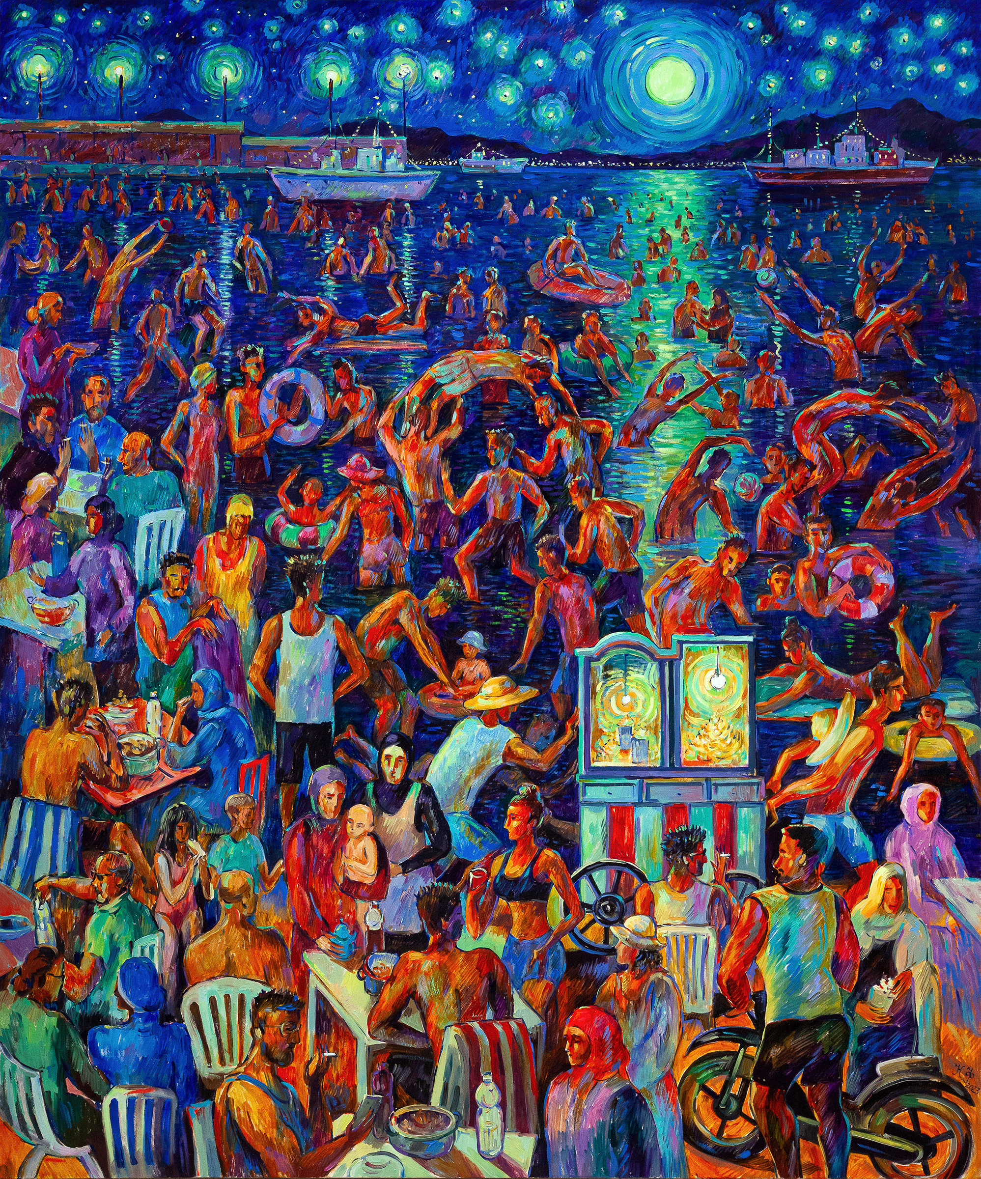A painting of huge crowds on a night beach in Tunisia