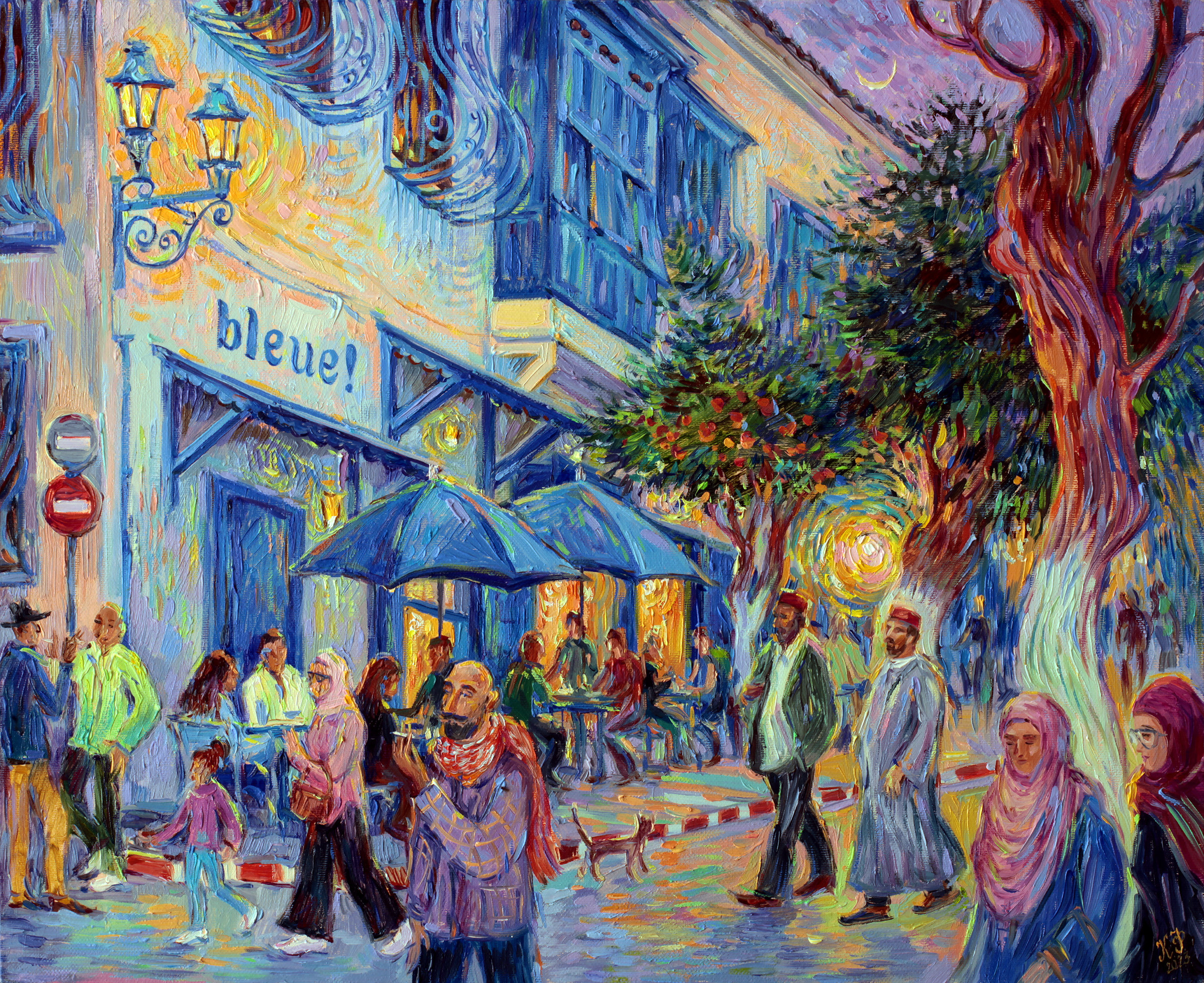 Street in Sidi Bou Said at night: Terrace of café Bleue! deli.