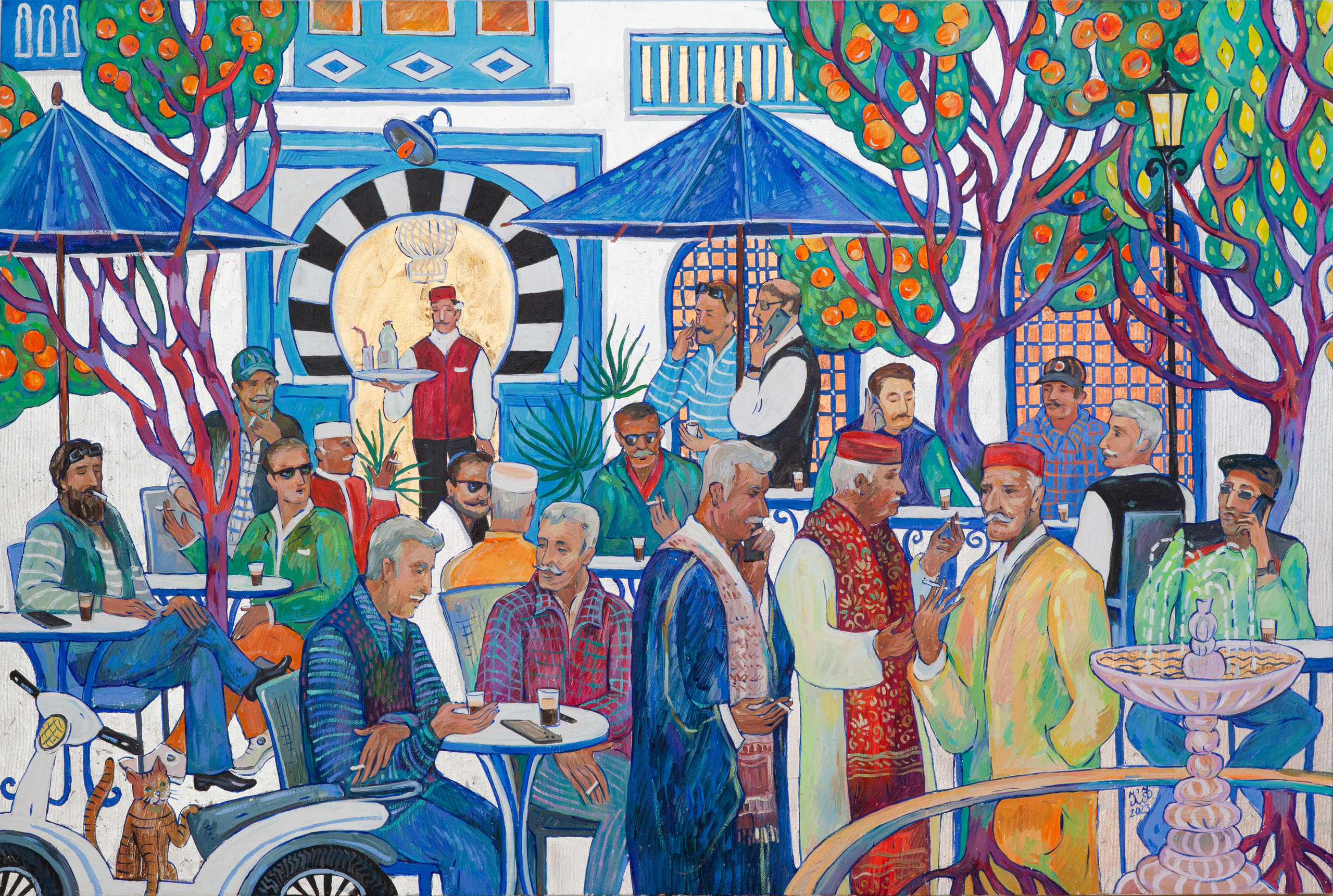 19 Tunisian men in a traditional coffee shop.