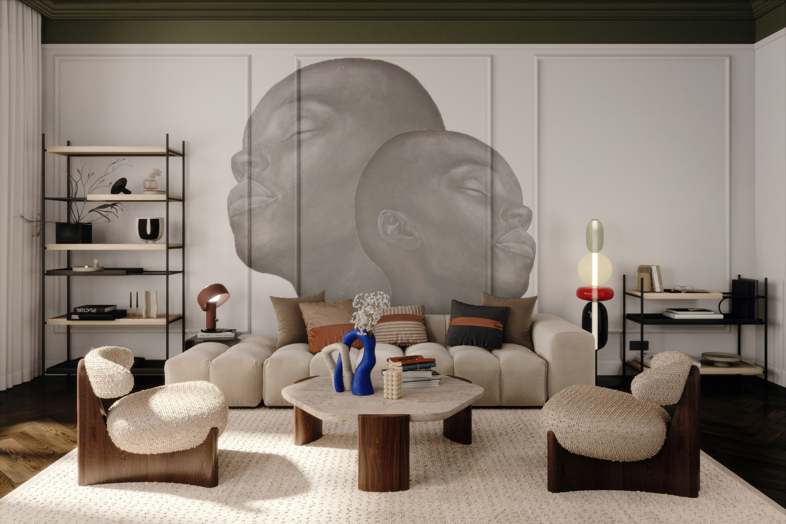 Интерьер гостиной в неоклассическом стиле. 3D визуализация интерьера и архитектурной среды