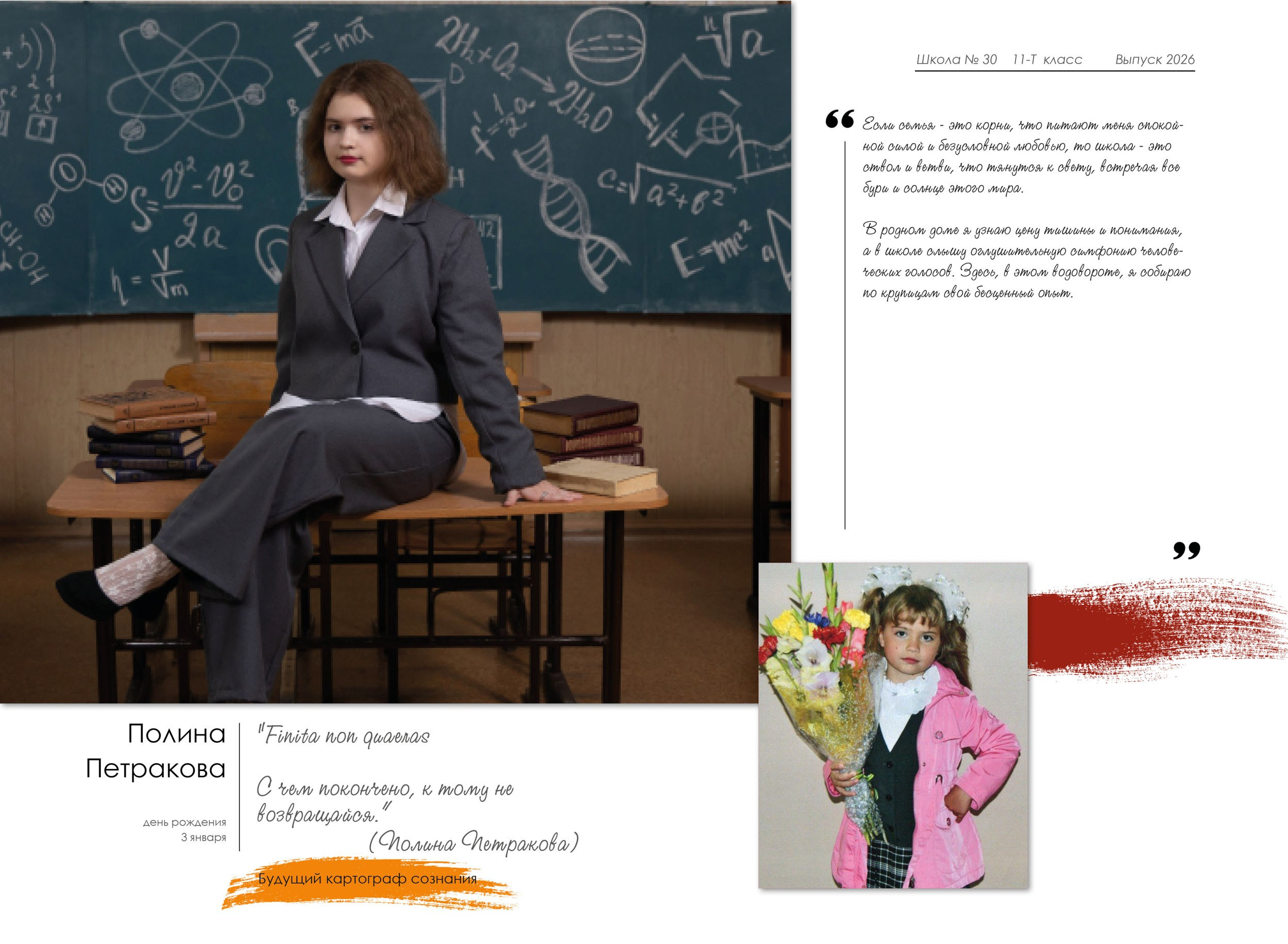 Индивидуальный разворот выпускника 11 класса с цитатой, мини Эссе и фото с 1 класса.