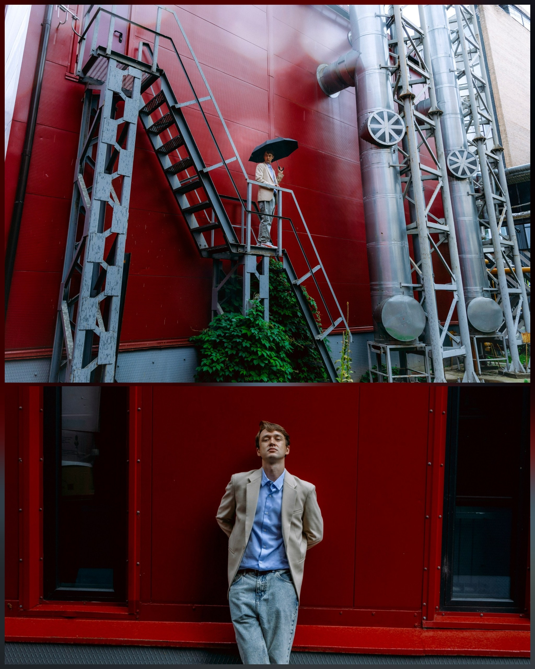 парень в костюме на фоне красной стены