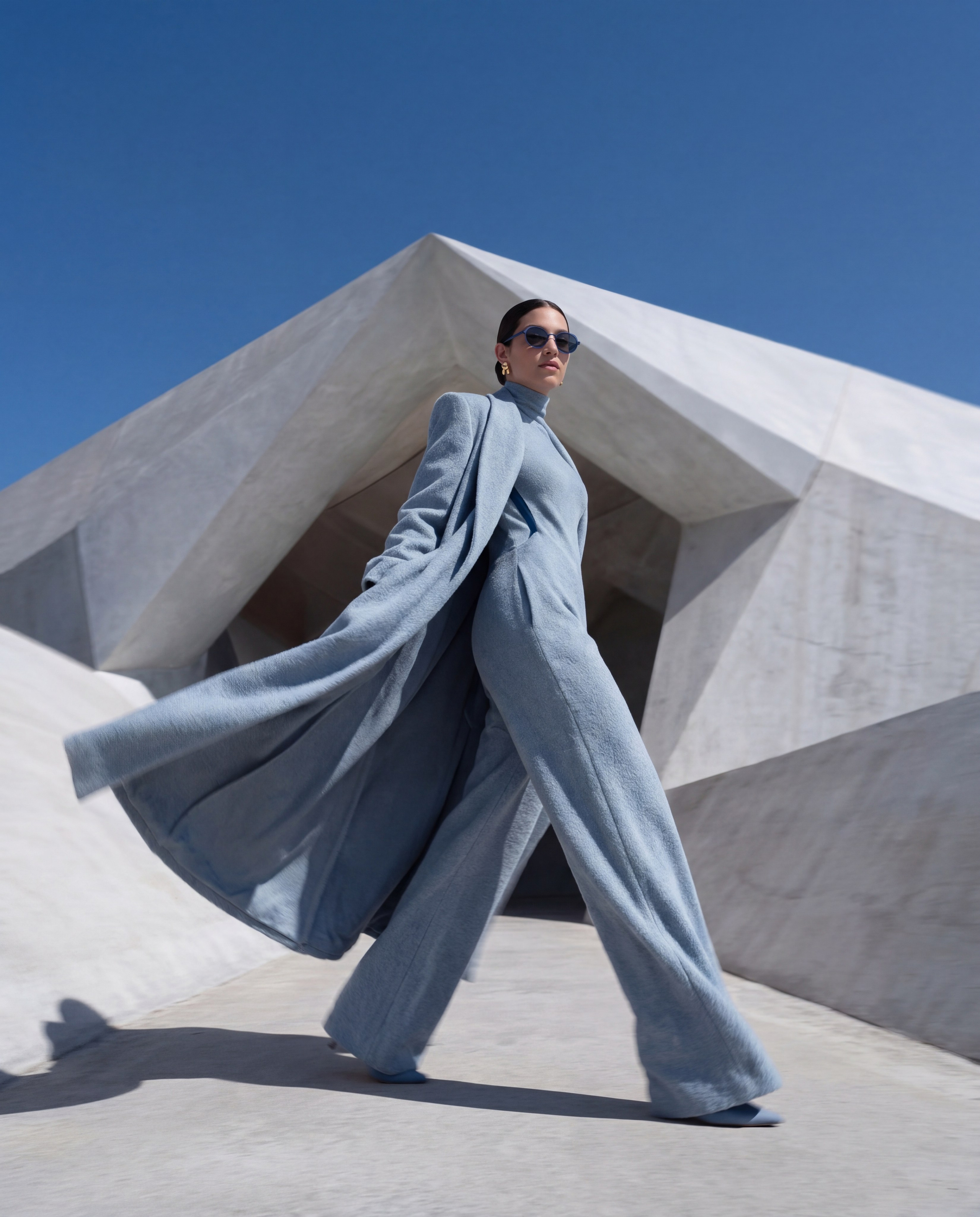 Имиджевая ИИ-фотосессия: AI-модель в голубом платье на фоне скал, для стильных лукбуков и рекламных кампаний без ограничений