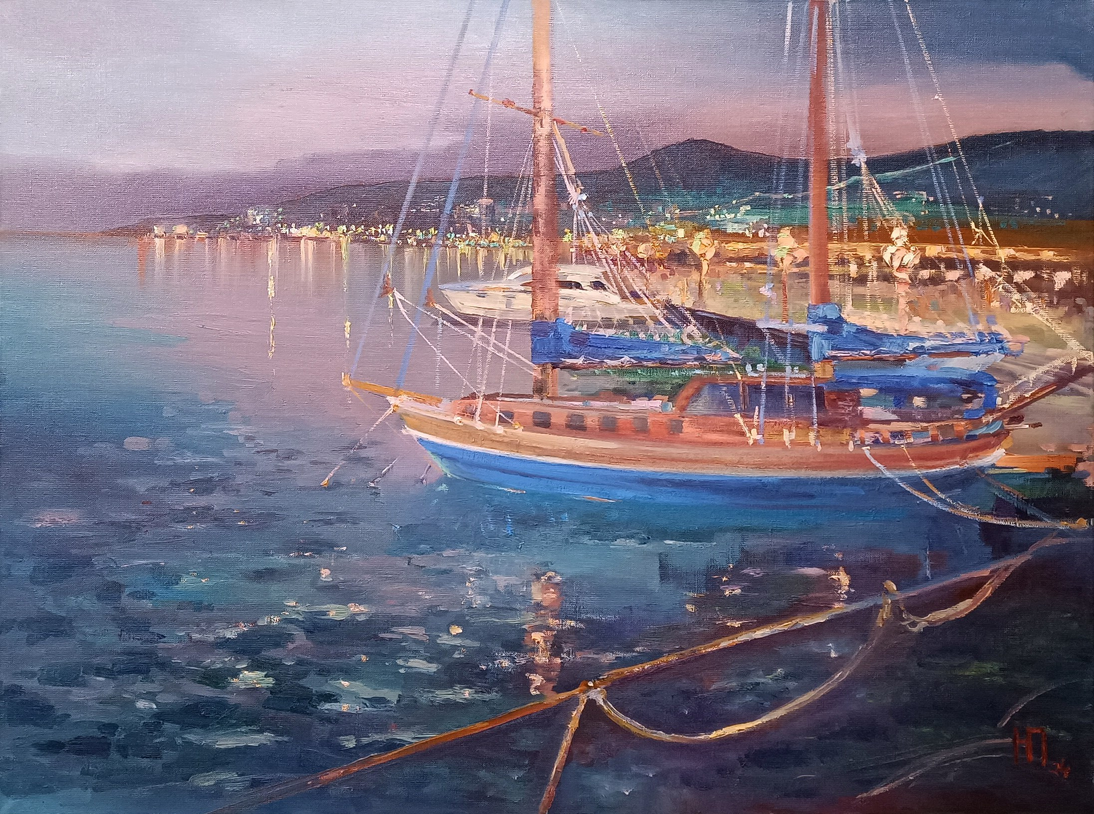 Оригинальная картина маслом, Ялта, прибрежное искусство на продажу, картина с гаванью, картина с синей лодкой, современный художник-маринист, современное искусство морского пейзажа, морское настенное искусство, коллекционное произведение искусства, искусство, вдохновлённое морем