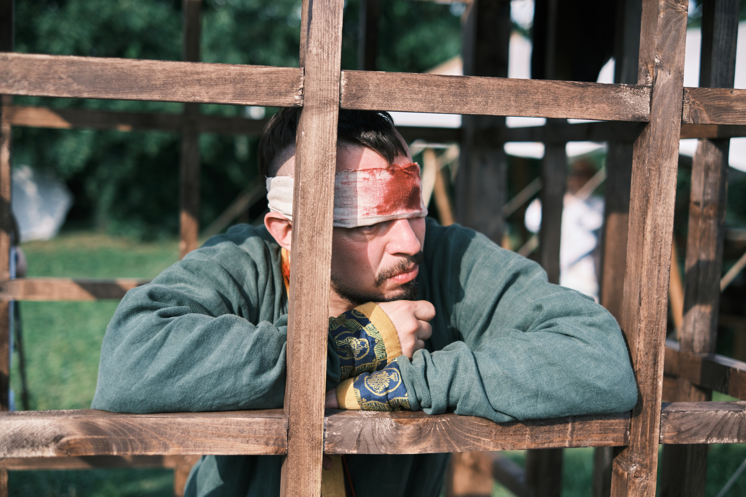 Соловей Разбойник смотрит через клетку 