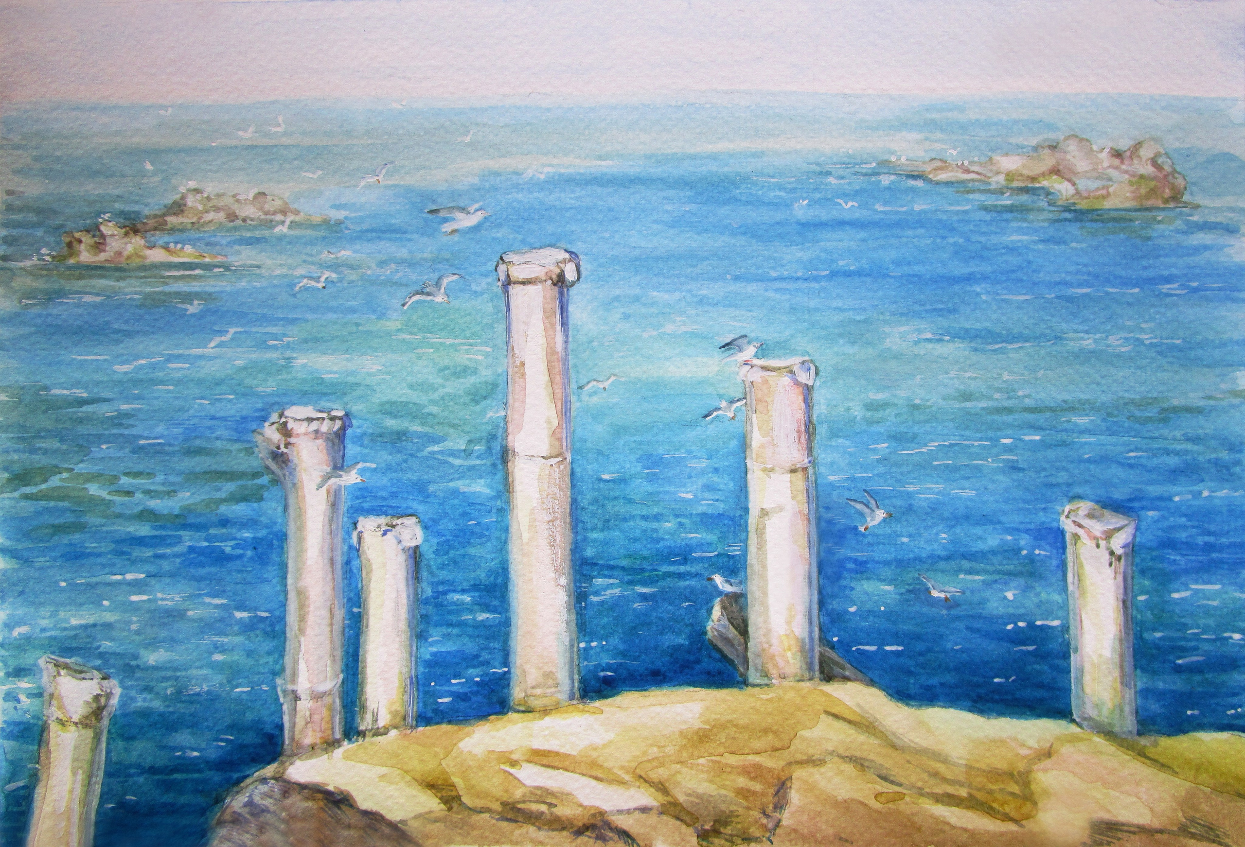 "Развалины над морем", акварель / тушь, 2018