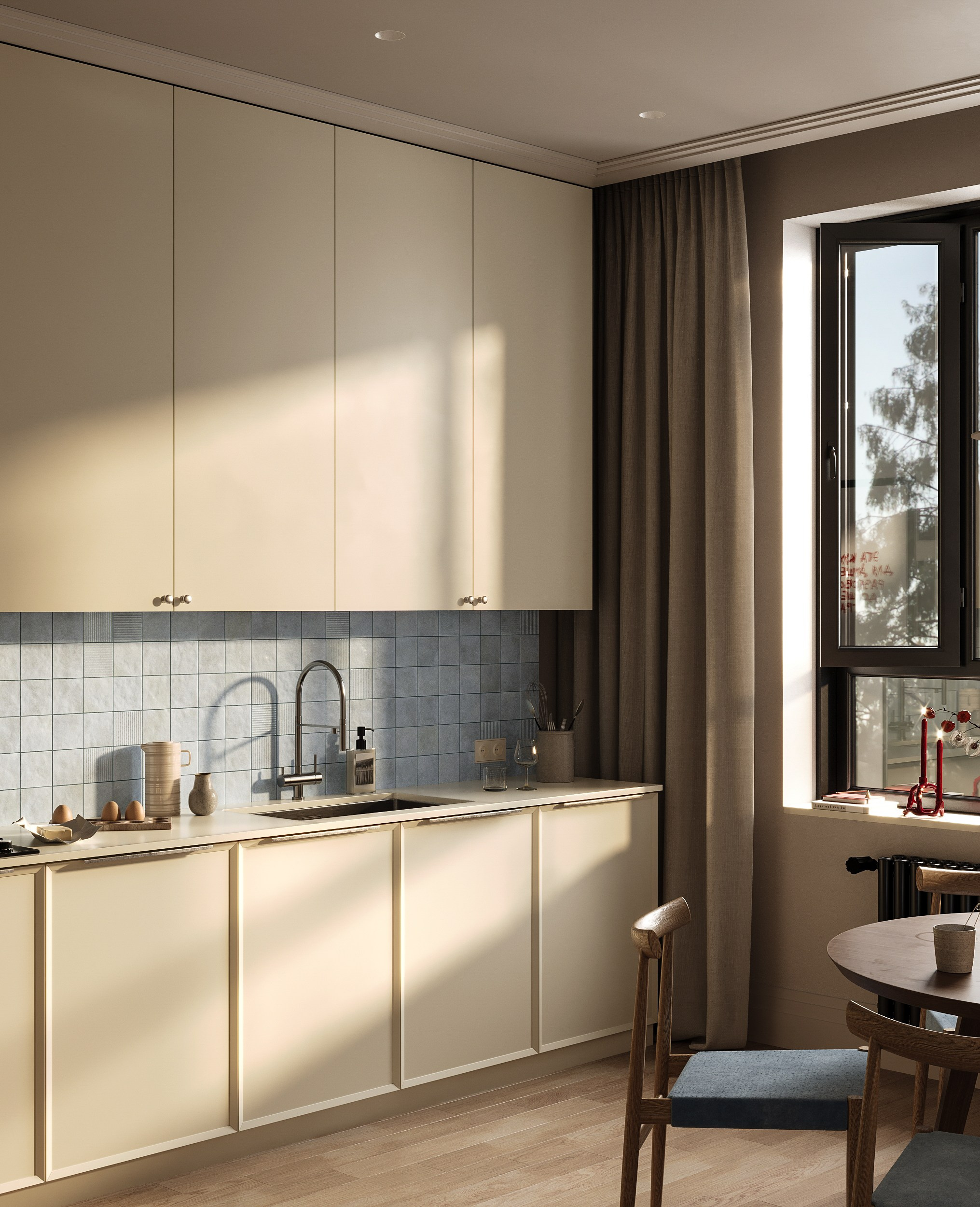 Кухня в оттенке сливочного масла в осенний день. Дизайн и визуализация выполнены мной. 3D Визуализация