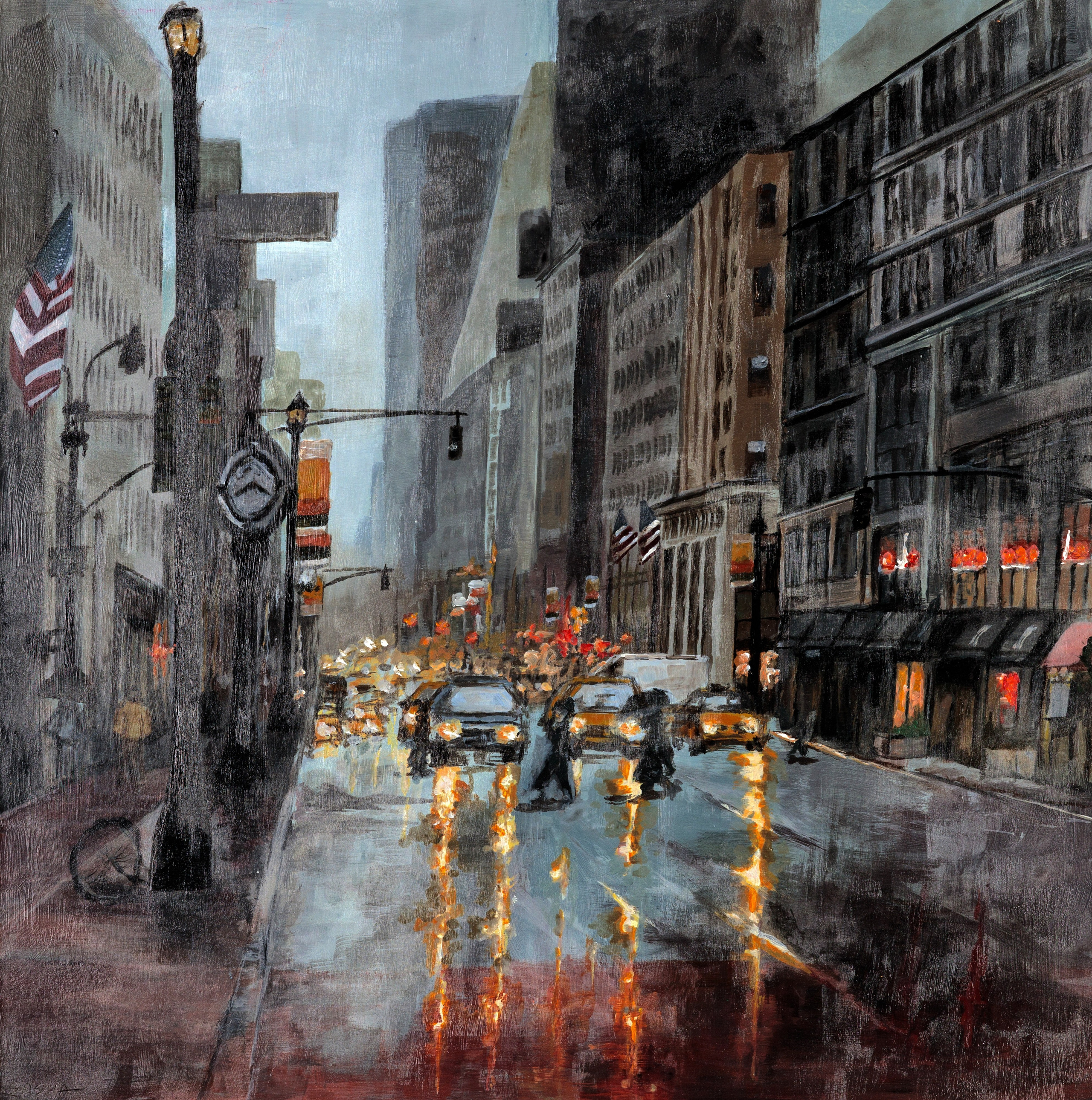 Дождливый вечер в городе, люди и машины отражаются в лужах