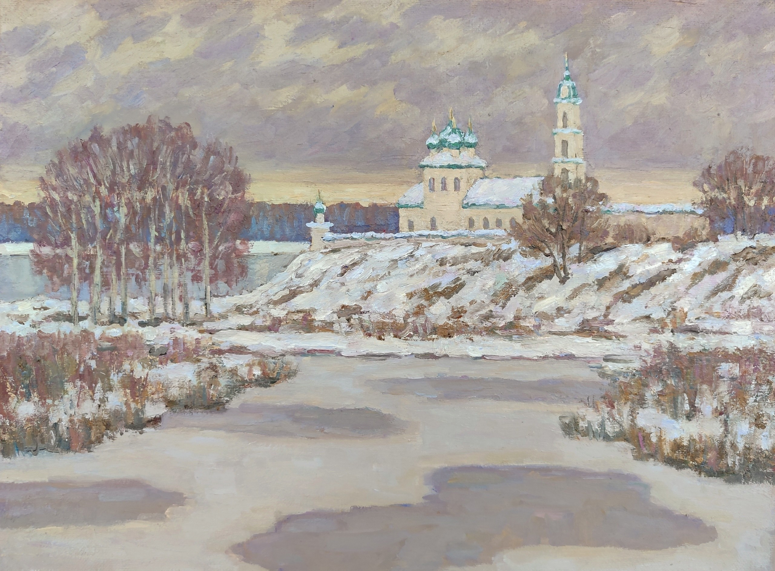 Зимний пасмурный пейзаж маслом с церковью у реки