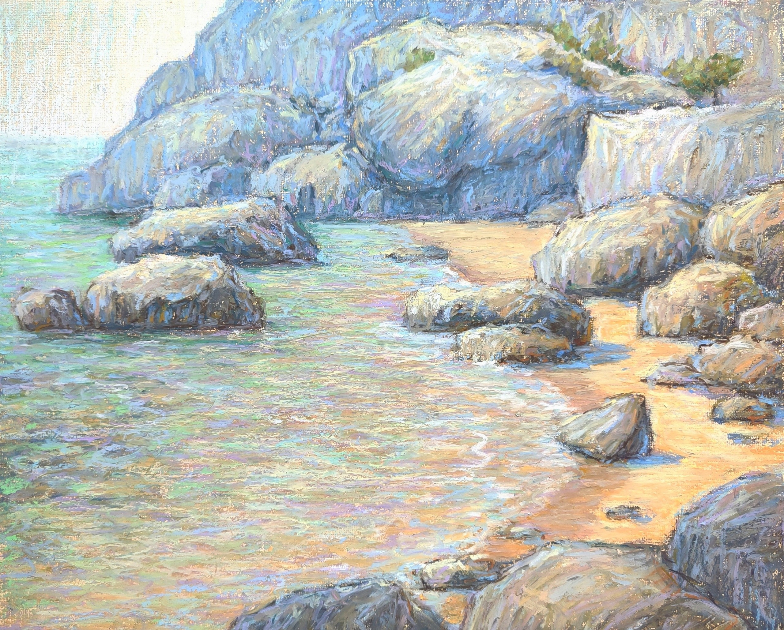 Пейзаж масляной пастелью, рисунок - Морской солнечный пейзаж с камнями и прозрачной водой