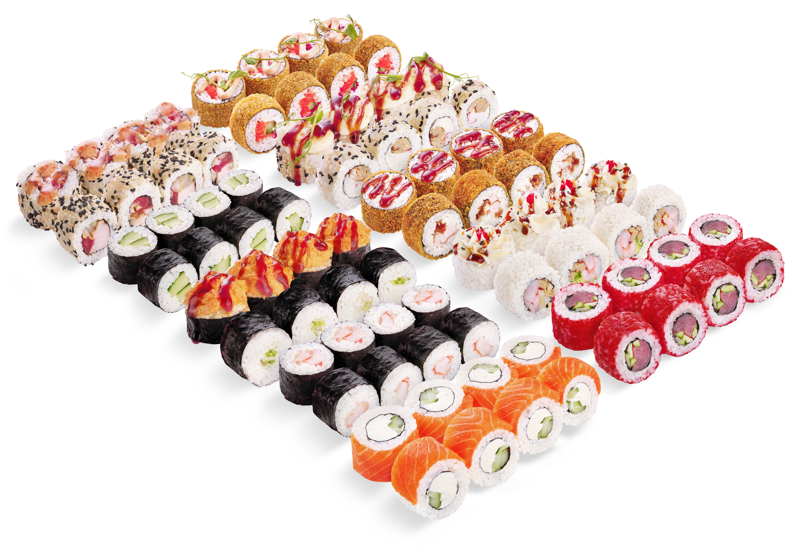 Сет «Императорский» из суши и роллов на белом фоне, фуд фотосъёмка для доставки Rolik в Саратове и Энгельсе