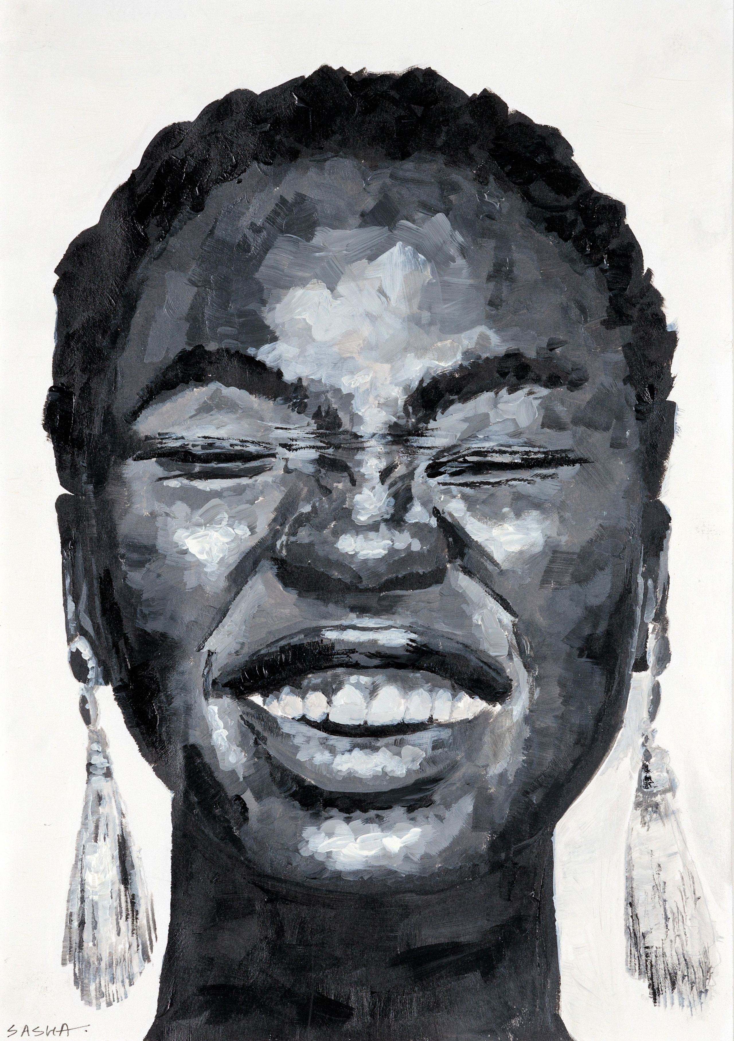 портрет смеющейся девушки, написанный крупными мазками в монохроме