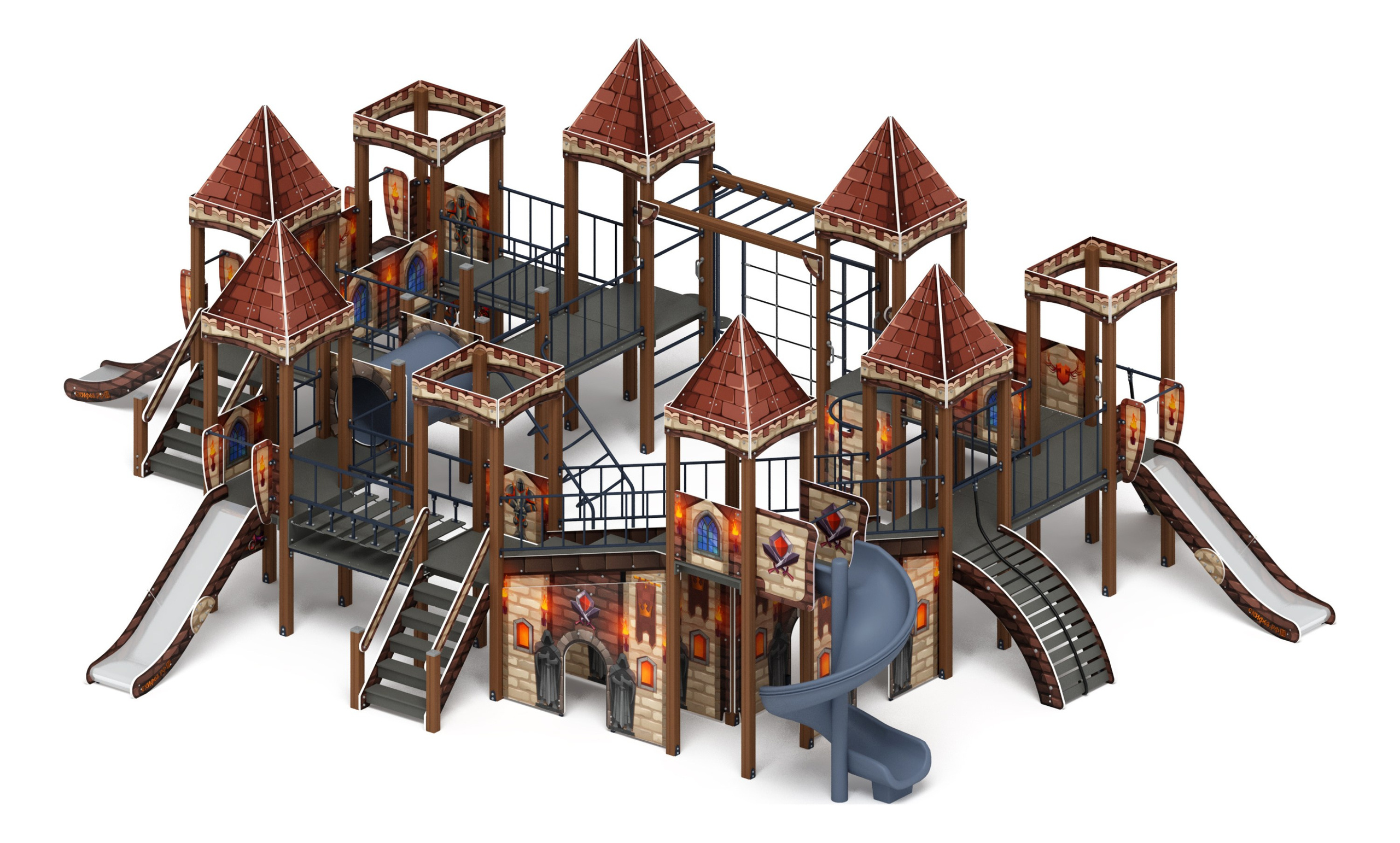 Замок (Средневековый) - ДИК 2.18.12-02.И1 - Игровой комплекс H=900 H=1200 H=2000                                                                                 Габариты (ШхДхВ): 12780x9570x4490                                                                                                                                                                 Зона безопасности, мм: 16780х13070                                                                                                                                                            Скат горки: H=900 (металлический скат) / H=1200 (металлический скат) / H=2000 (винтовой скат)