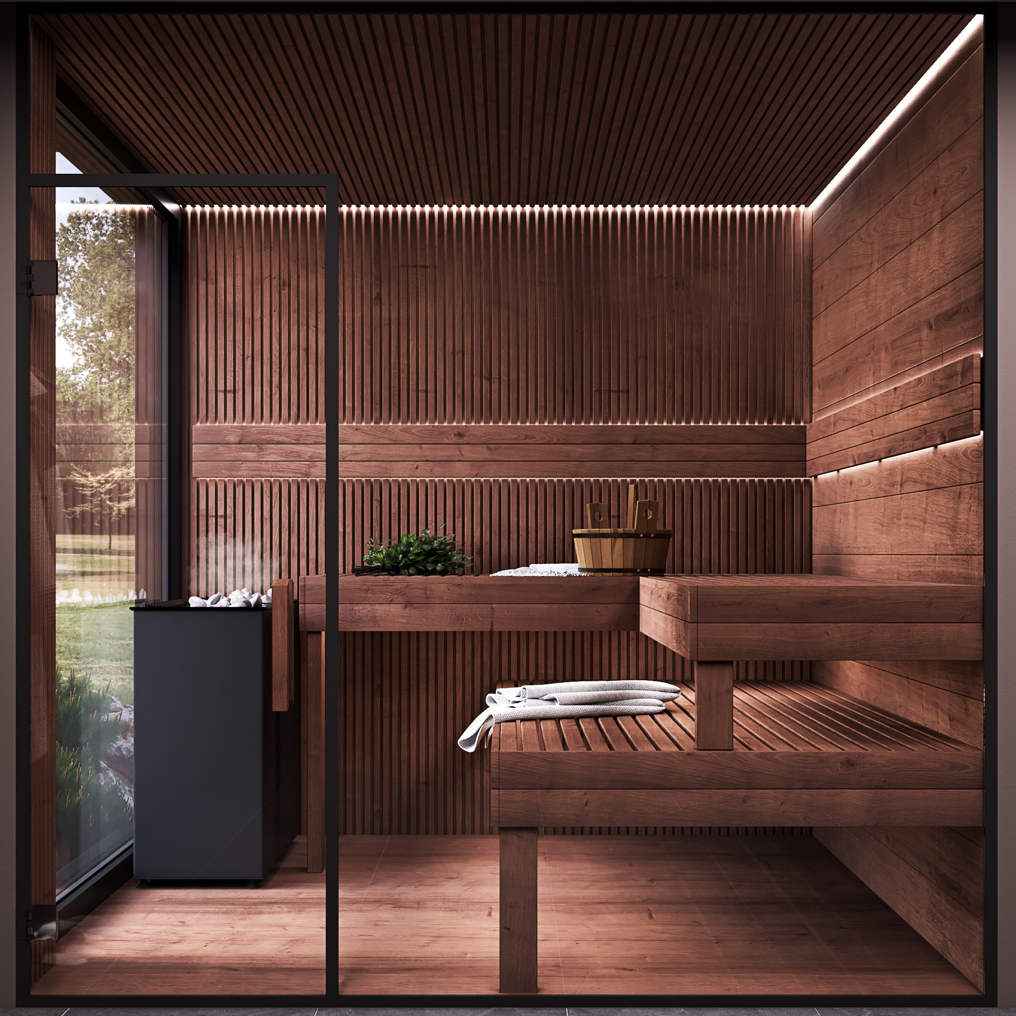 3D визуализация деревянной сауны с двухуровневыми лежаками, стеклянной дверью и каменкой у панорамного окна