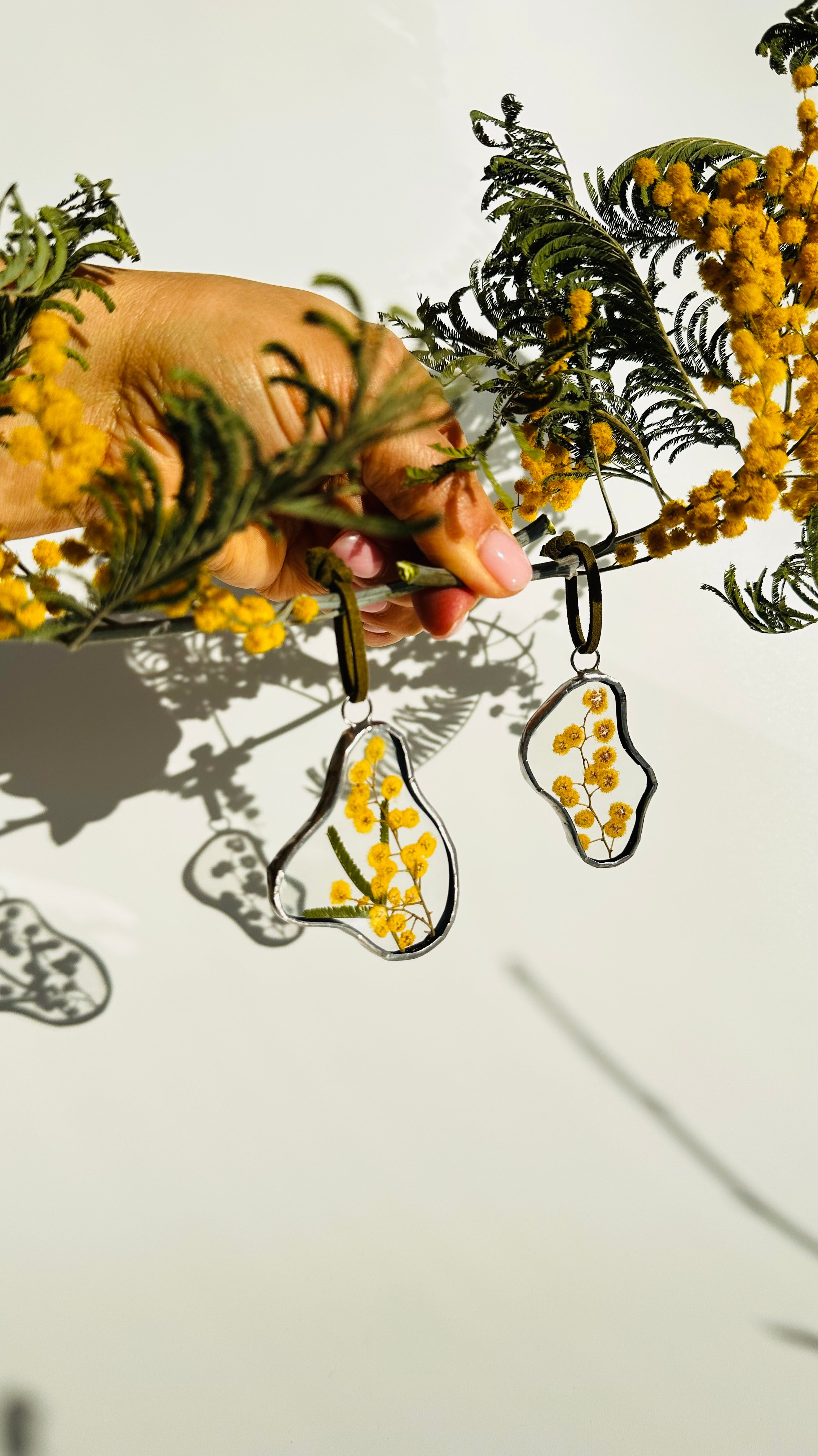 Декор для интерьера (комплект украшений для дома) подвески-игрушки с мимозой в технике тиффани. Гербарий в стекле, интерьерные панно, витражи с сухоцветами в технике тиффани