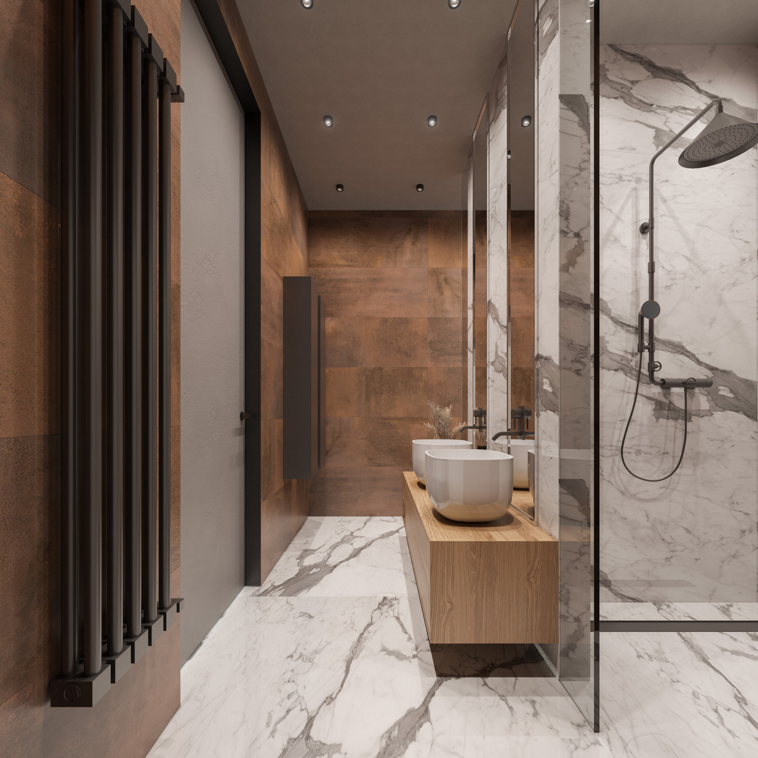 Санузел в минималистичном стиле с мраморными стенами и ржавой плиткой