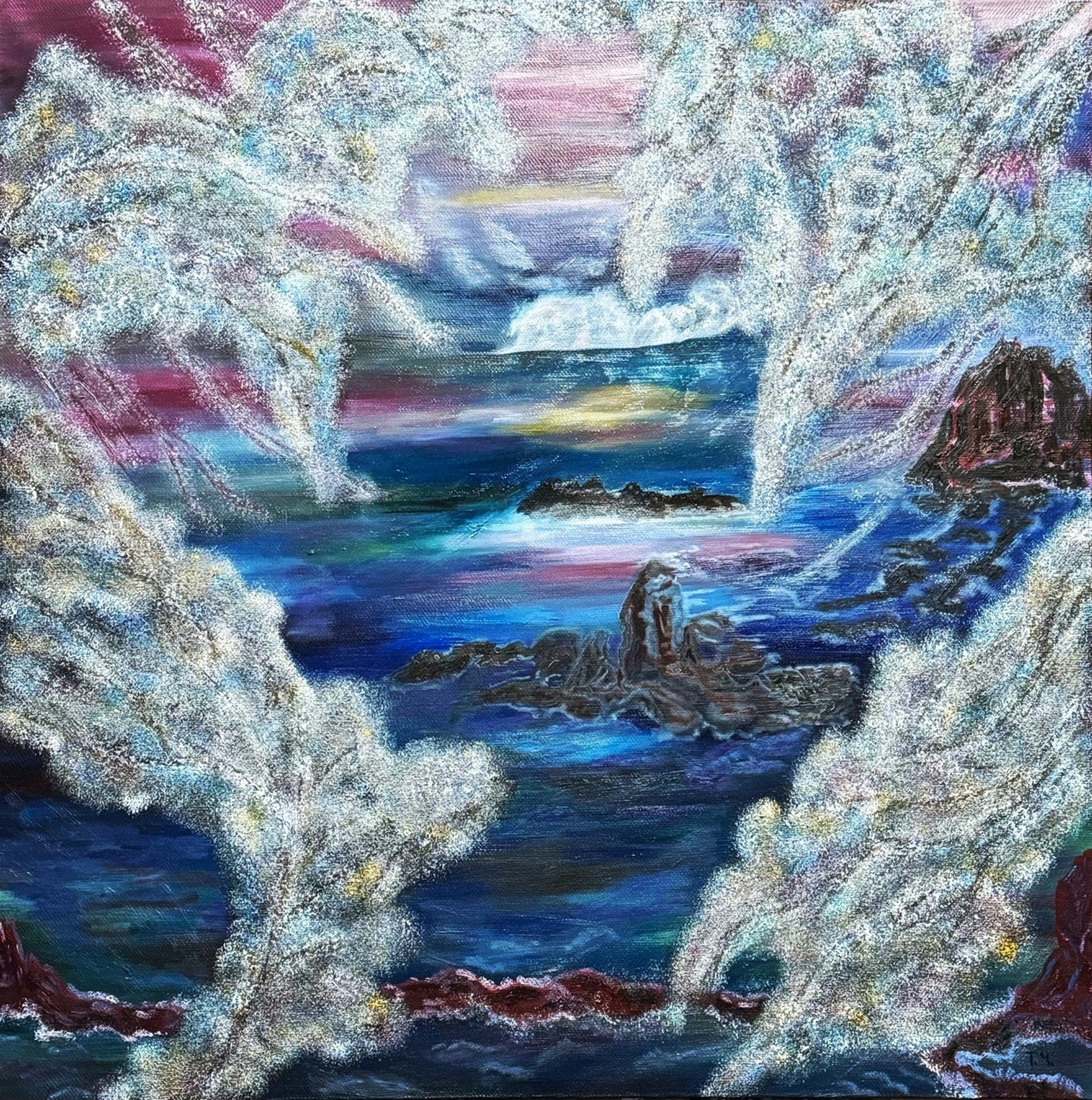 Взгляд на море с берега, сквозь цветущие ветви. Картина с элементами абстракции и сюрреализма.