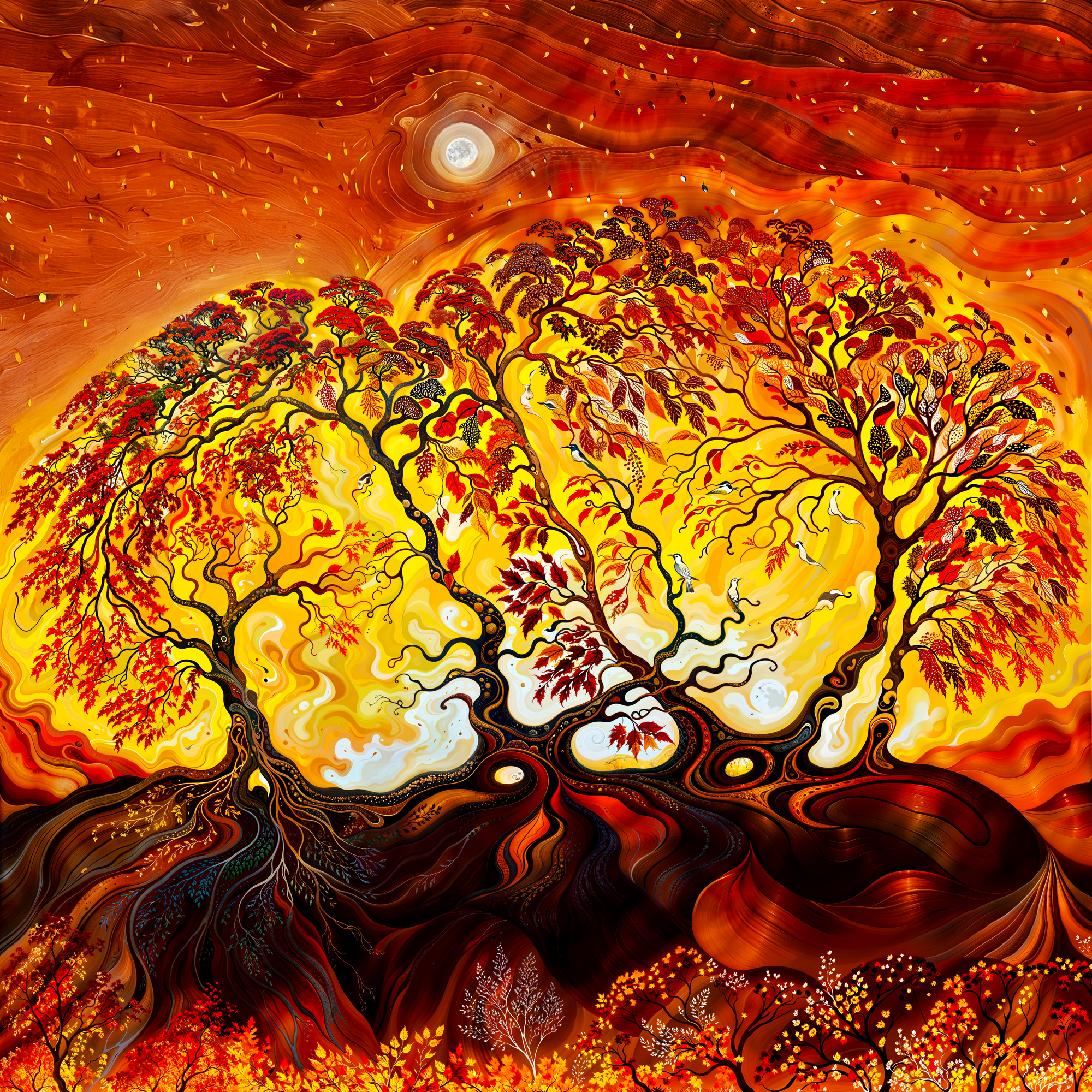 Осенние деревья с лицами людей, скрытыми в кронах, визуальная метаморфоза в стиле Артуша Восканяна, адаптация Olegorizm.