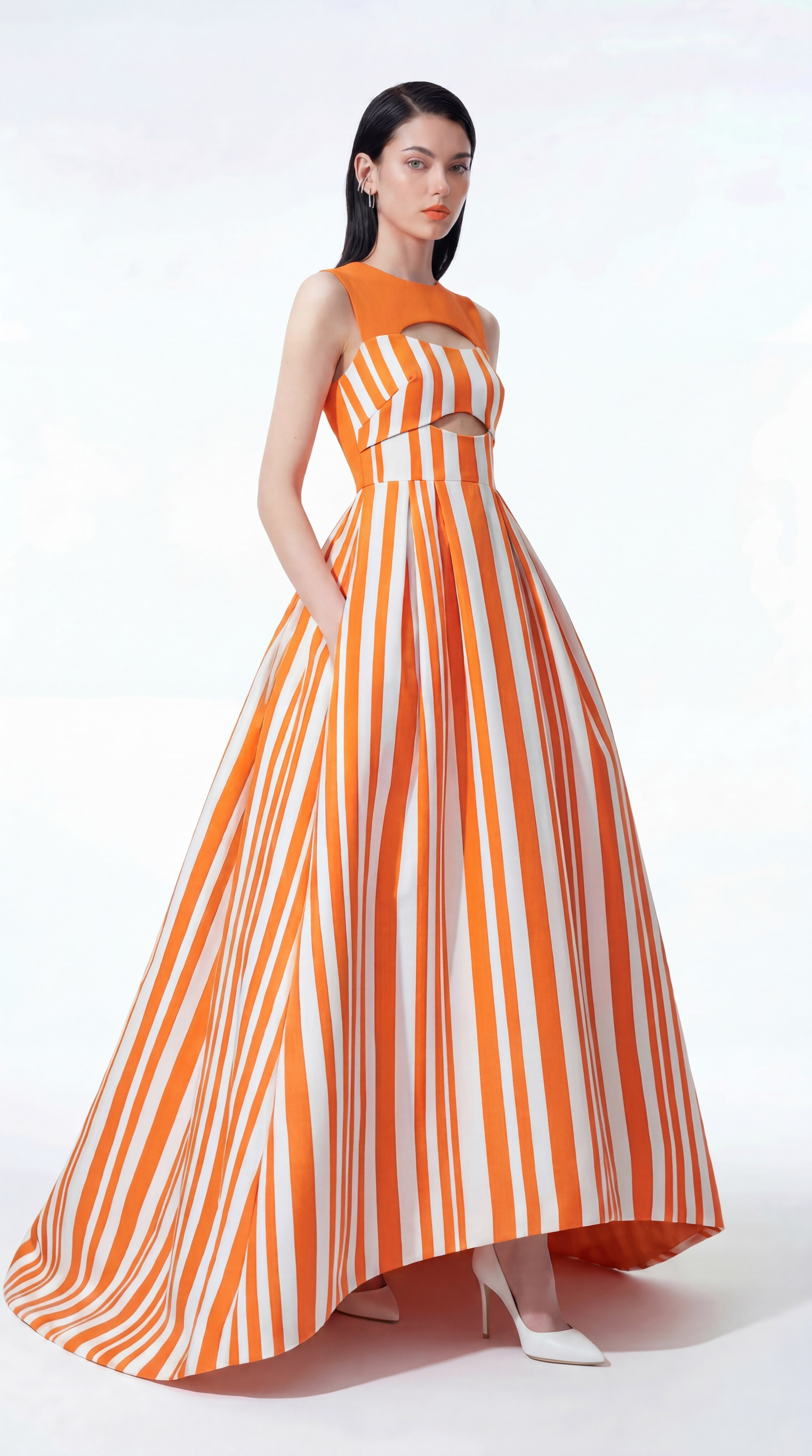 Фотореалистичная AI-модель в ярком оранжевом платье, идеальна для онлайн-магазинов и каталогов