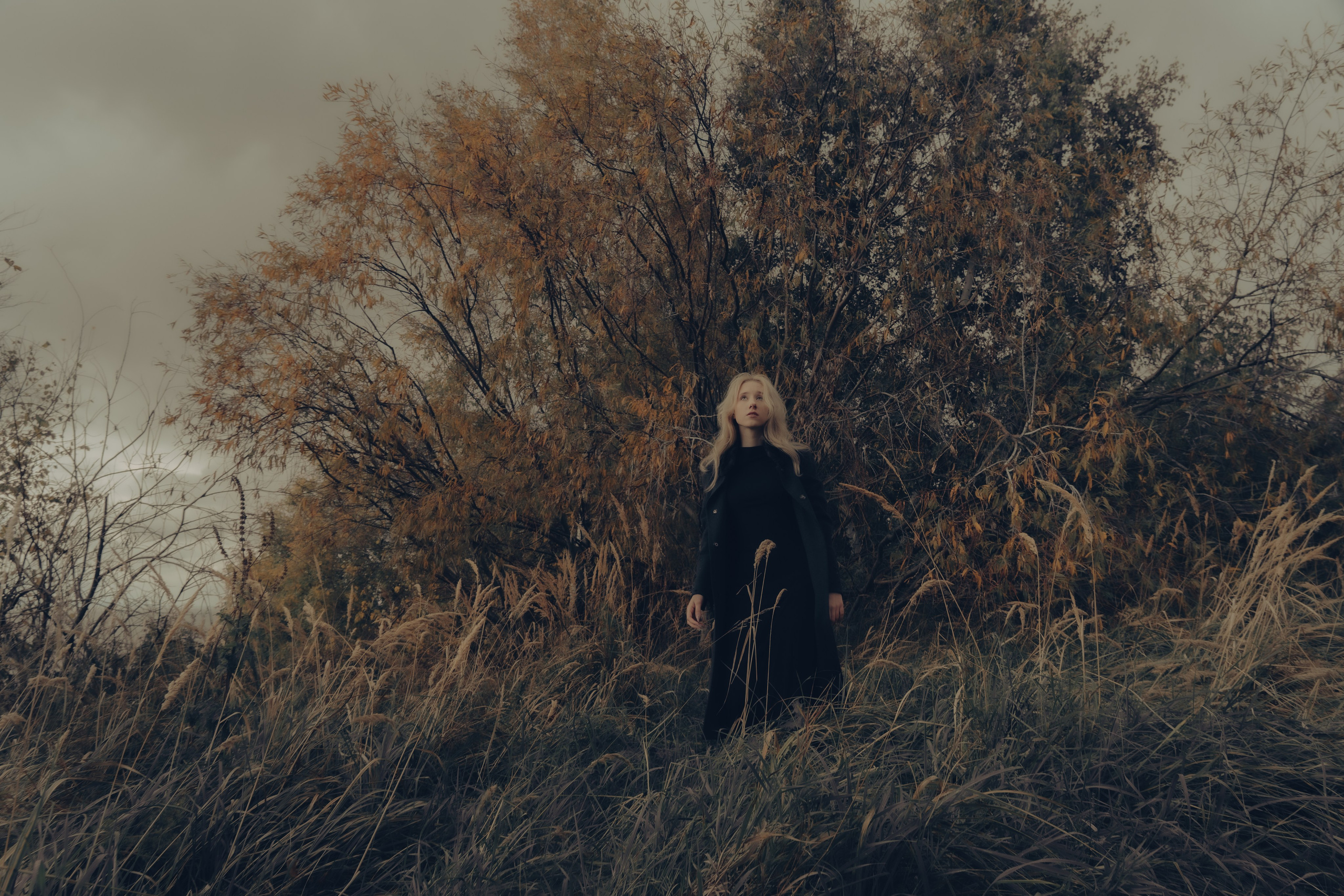 Фотосессия в осеннем лесу, фото с деревом, мрачная фотосессия