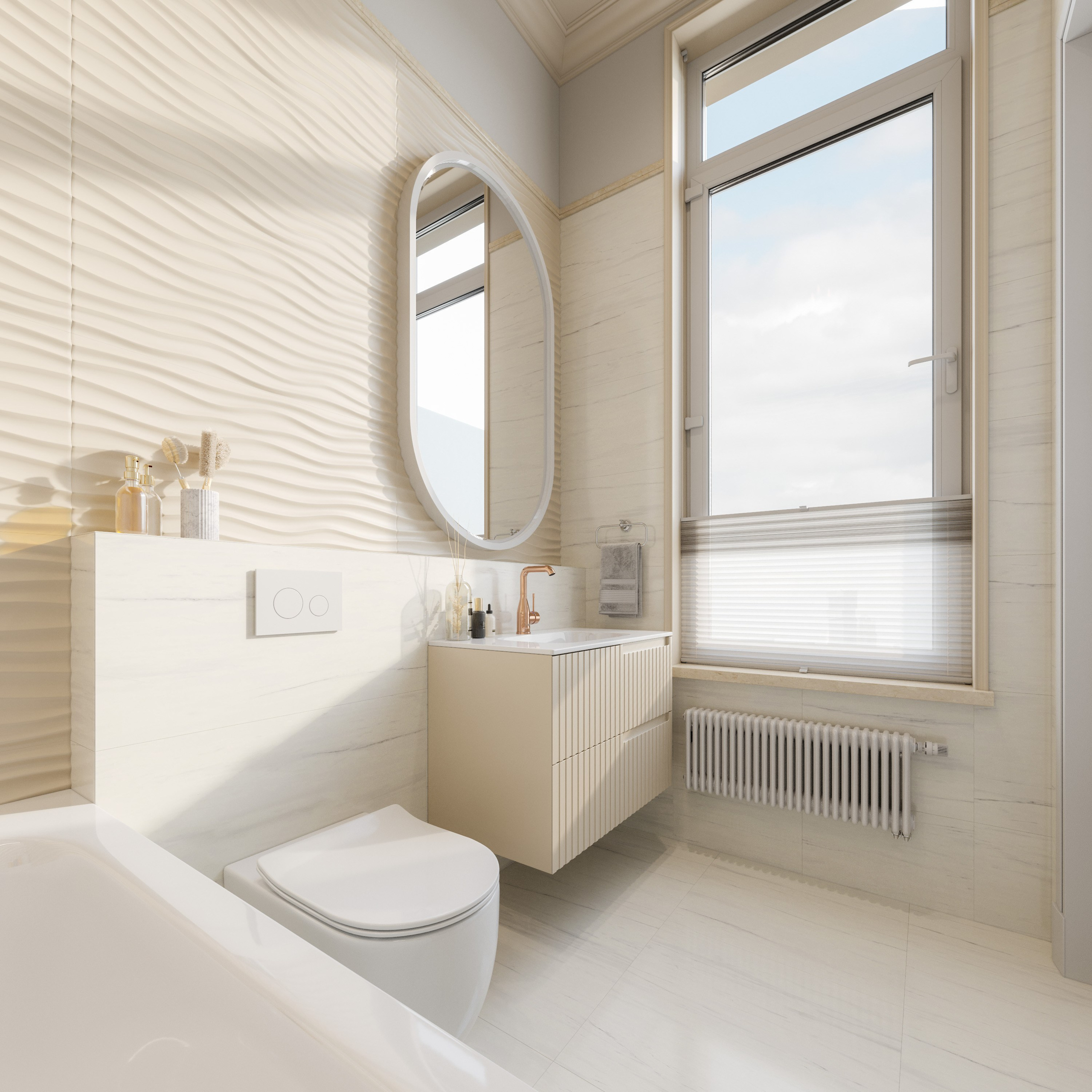 Интерьер санузла в неоклассике: мраморная плитка, консольная раковина с медной фурнитурой и плитка с волнистым орнаментом.