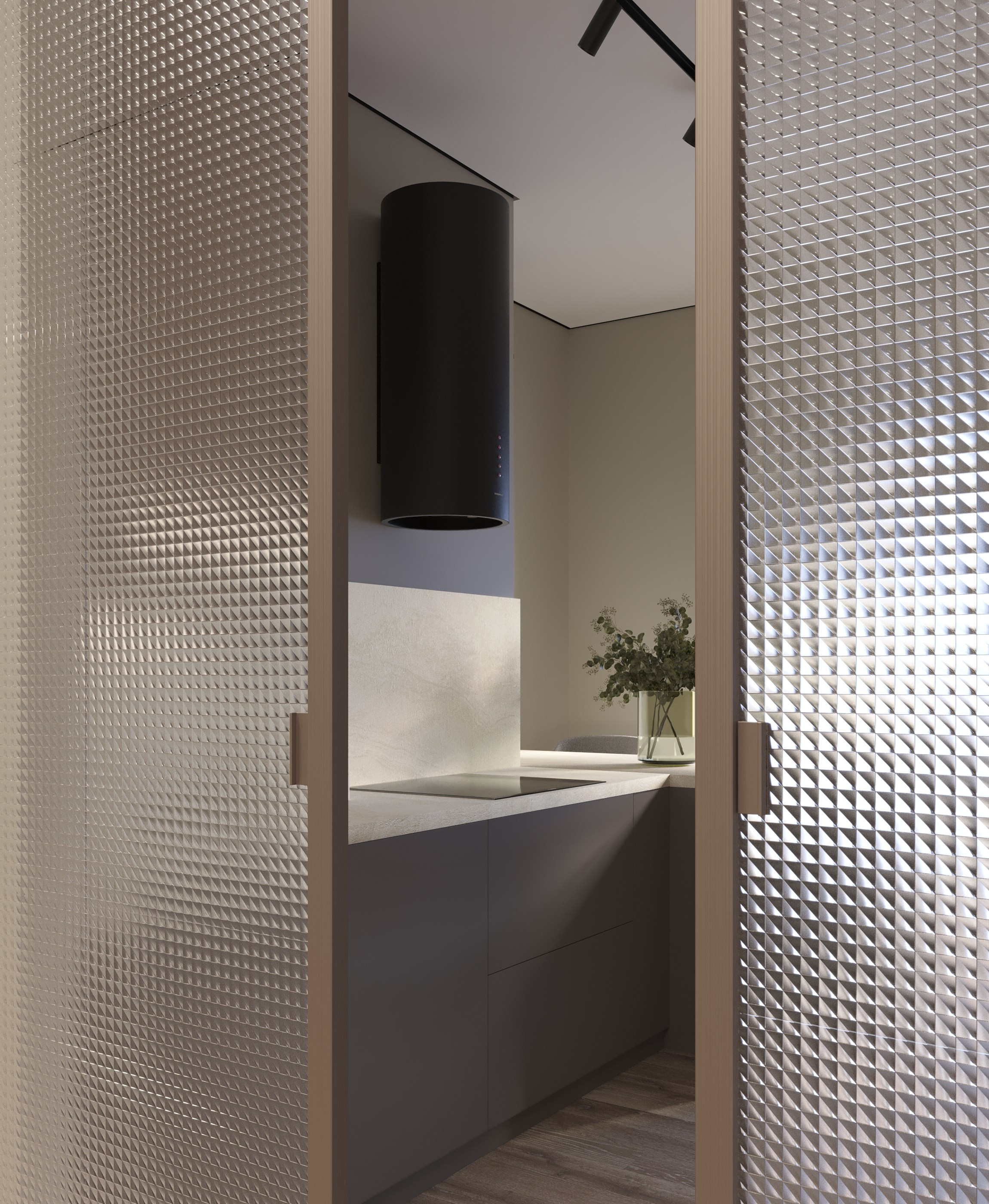 фрагмент стеклянной раздвижной перегородки с фактурным стеклом в кухне 